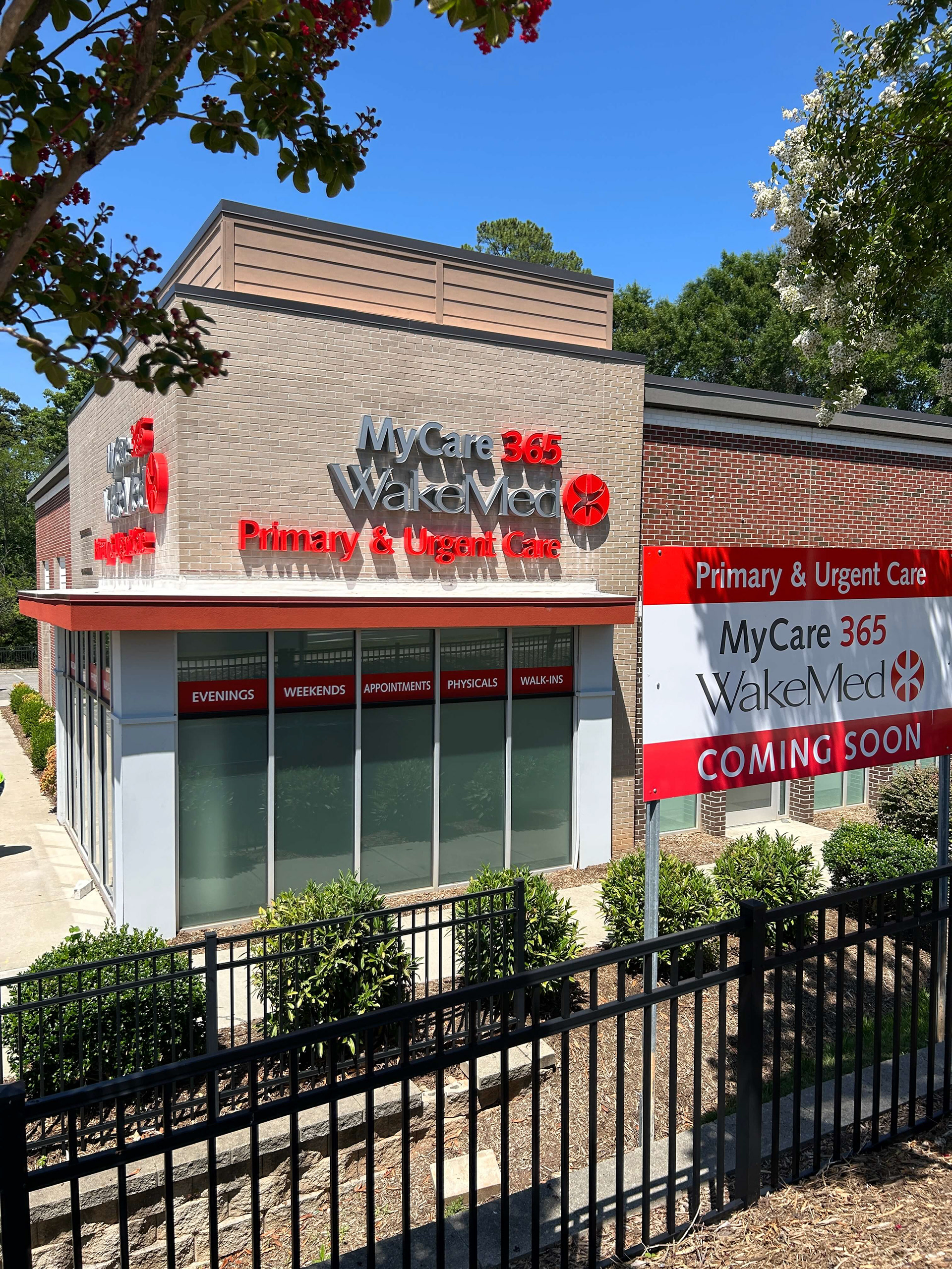 Fabricated aluminum channel logo (illuminated), temporary ACM "Coming Soon" post and panel sign, vinyl window bands and window privacy film • 9648 Chapel Hill Rd, Morrisville, NC