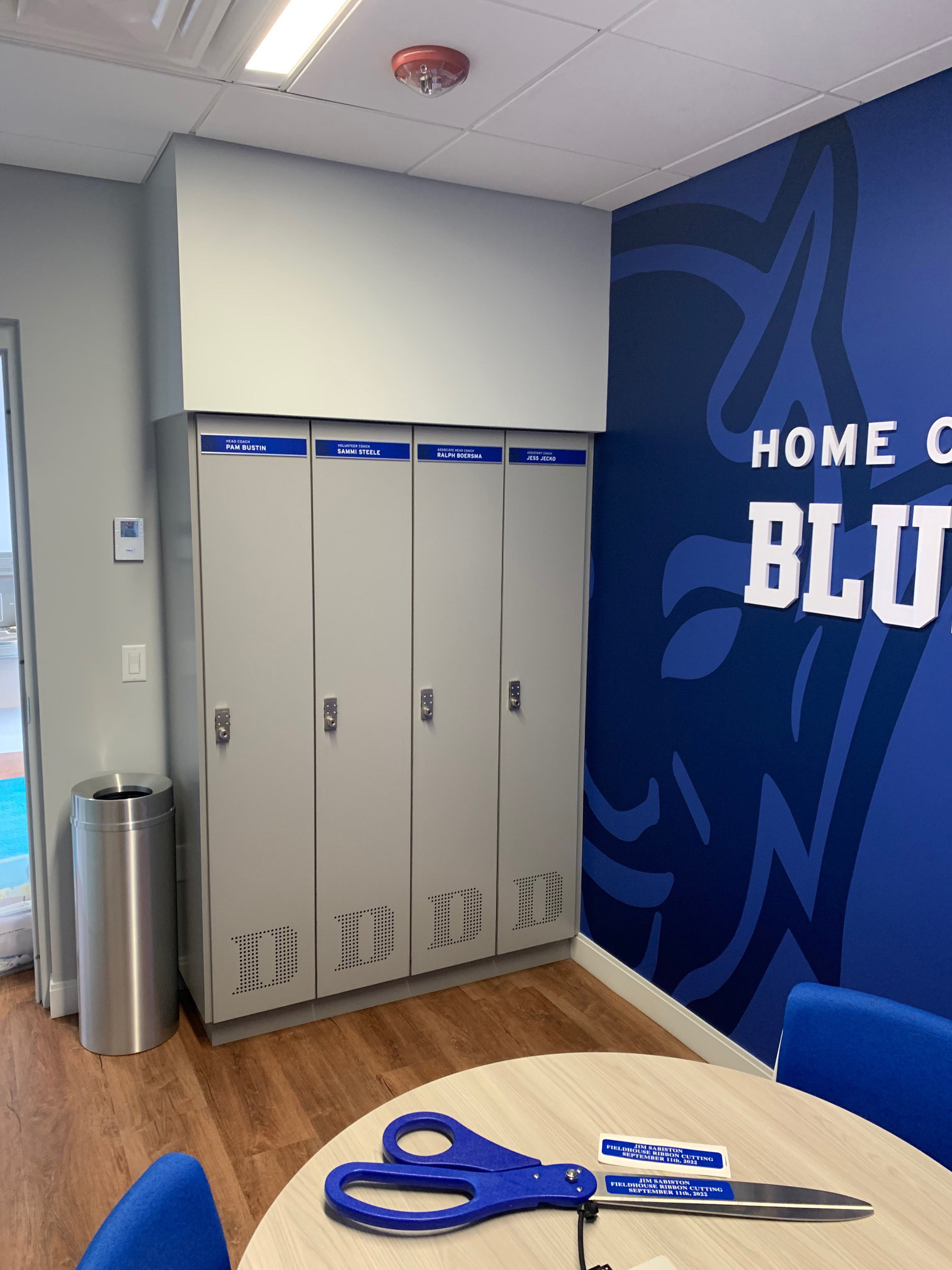Duke Field Hockey • Coaches' Locker Room, complete (lockers added; includes locker name plates and white painted acrylic wall letters)