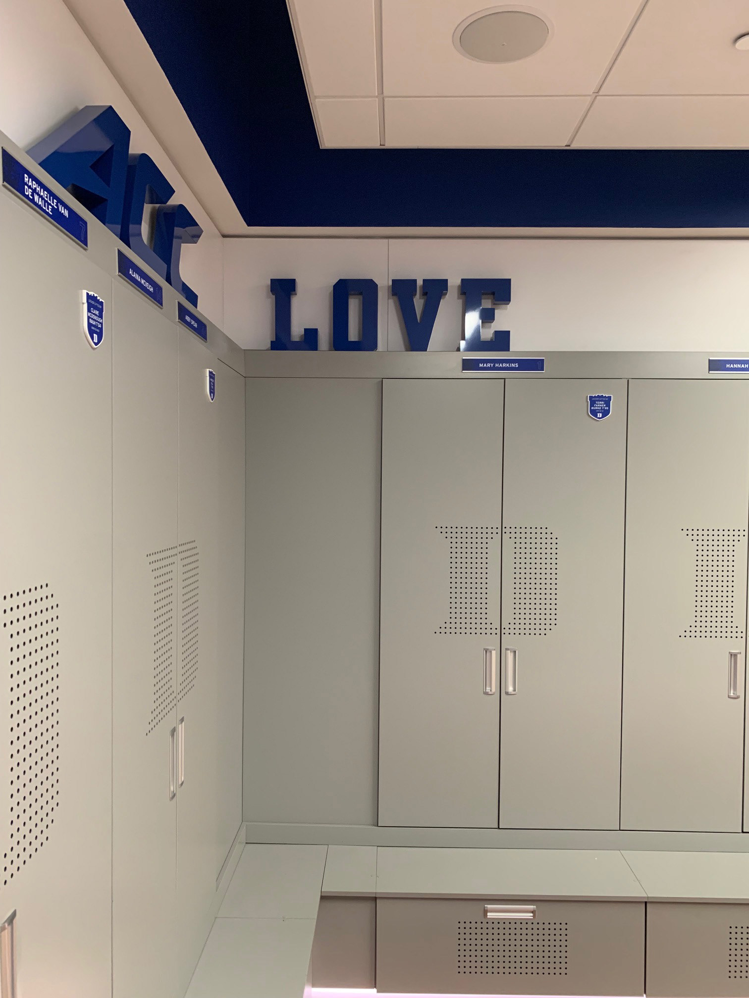Duke Field Hockey • Players' Locker Room • Acrylic Locker Letters, Player Name Plates and Donor Shields