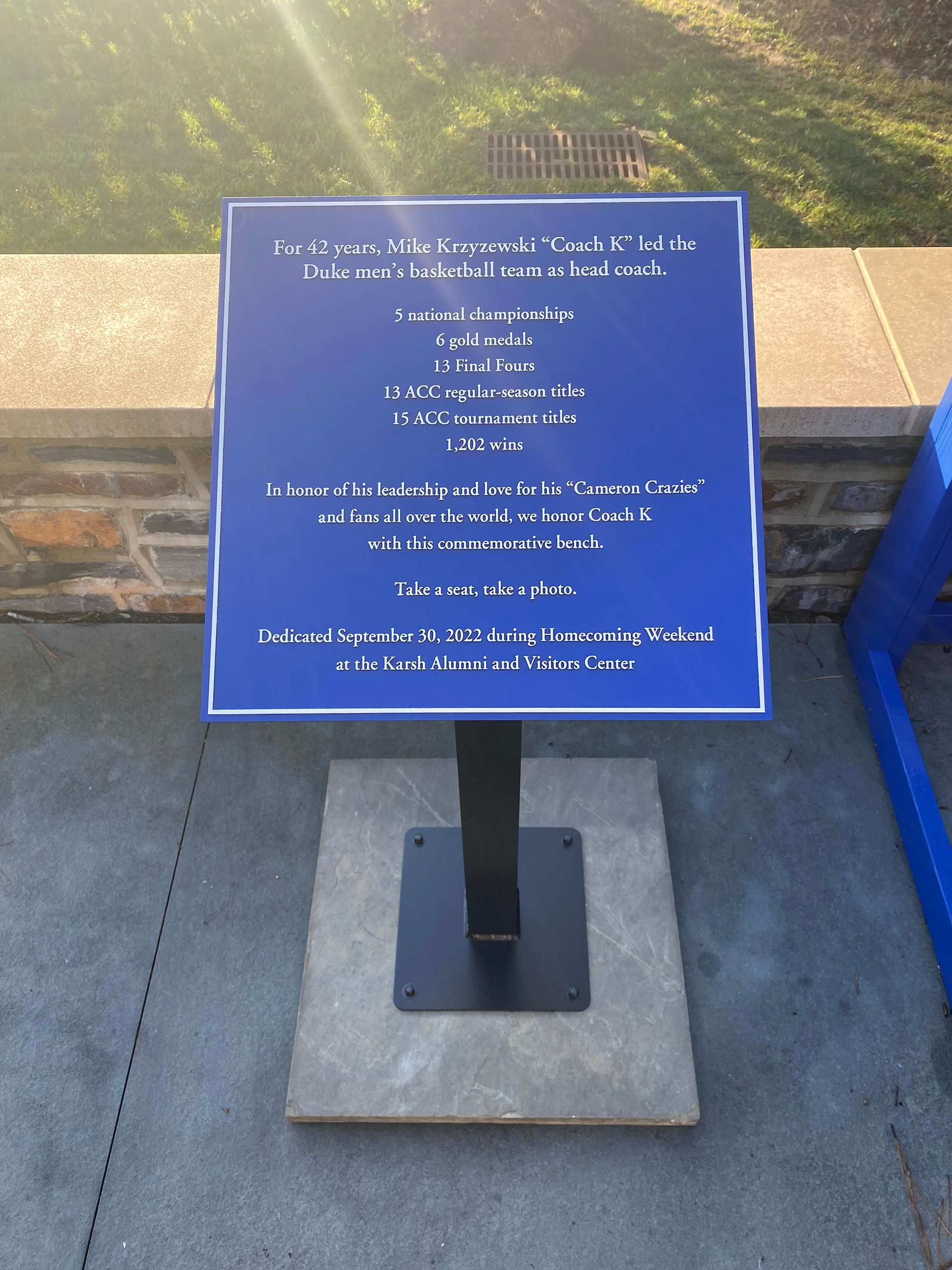 Milled aluminum "Coach K" bench plaque with custom welded aluminum pedestal • Duke University • Durham, NC