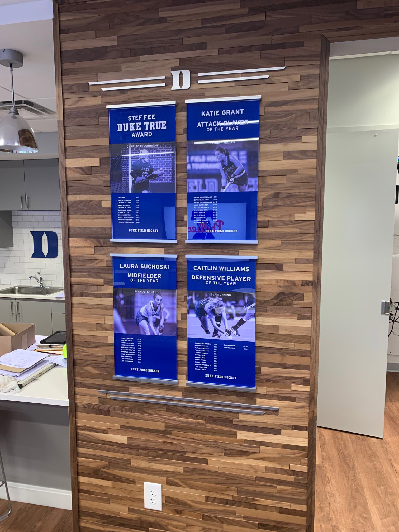 Duke Field Hockey • Player Awards (brushed aluminum dimensional "D" icon and top/bottom bars, digital print 2nd surface plus photo insert, and matte white vinyl copy 1st surface) 