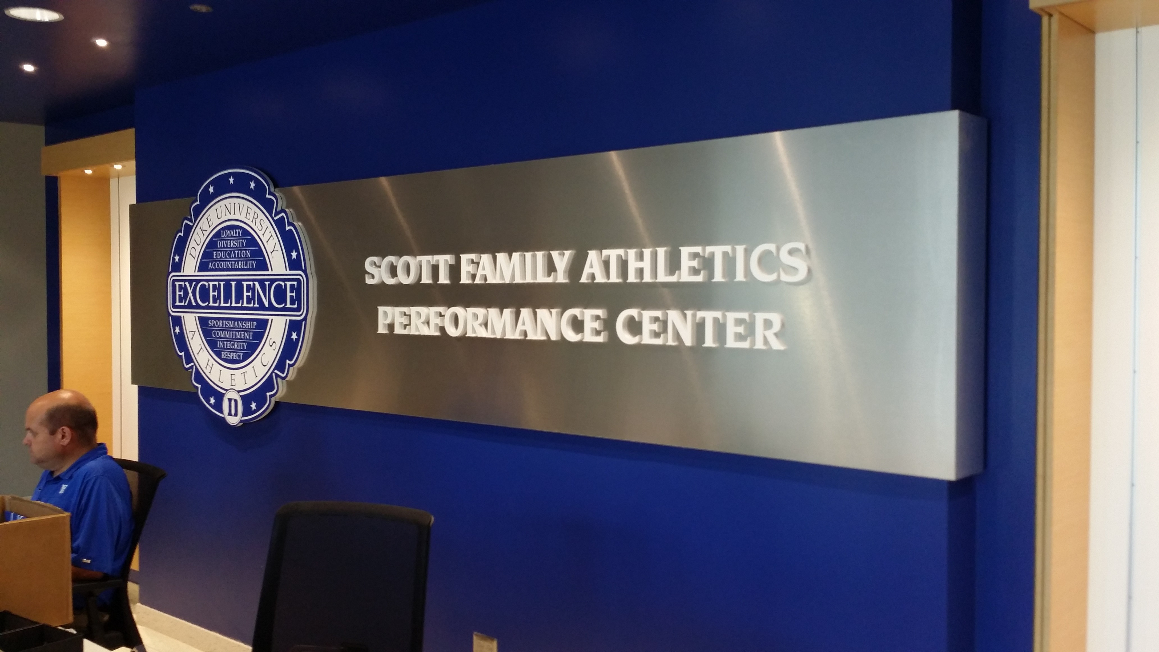 Interior dimensional wall logo • Scott Family Athletics Performance Center • Duke