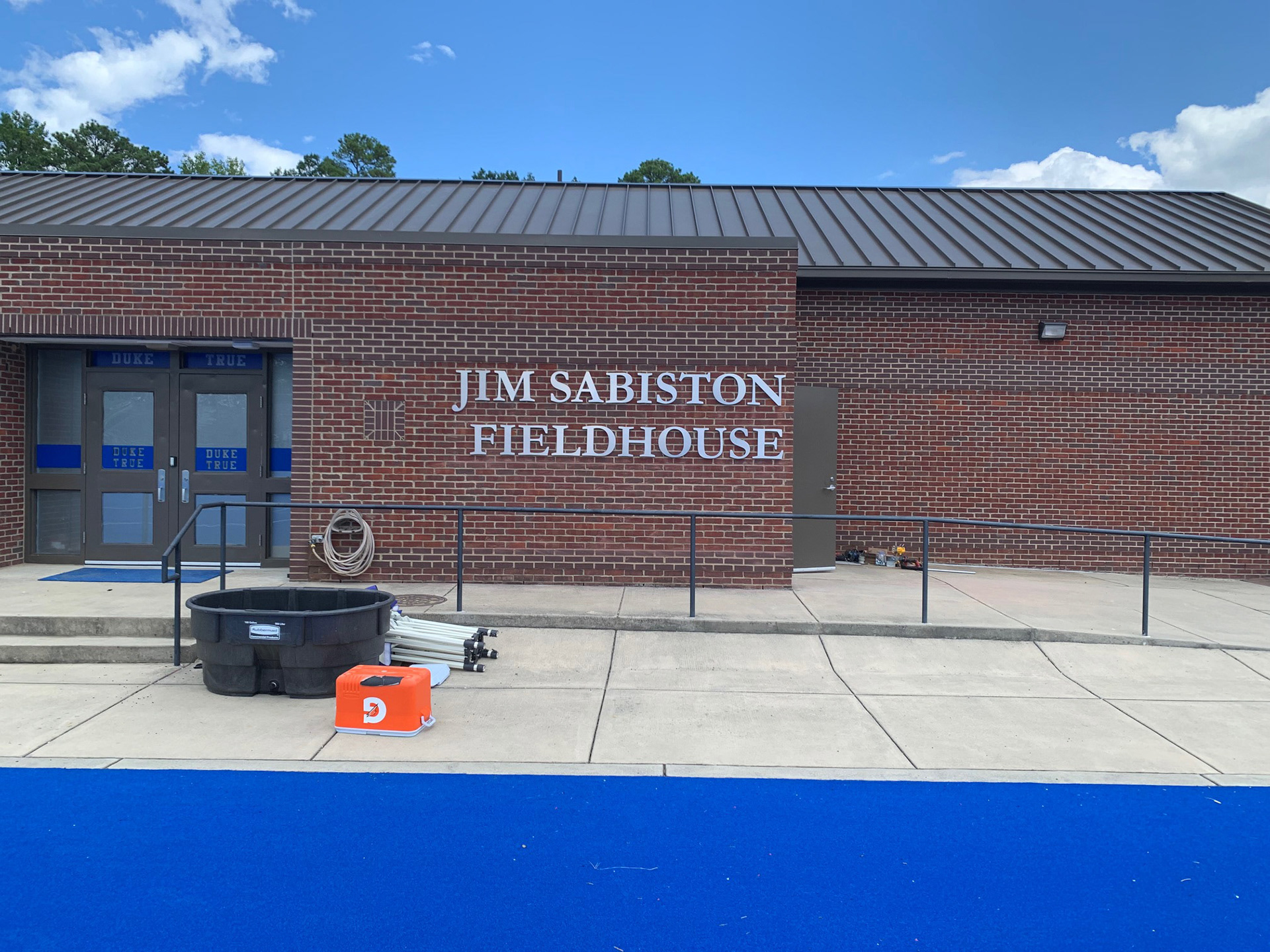 Duke Field Hockey • Jim Sabiston Fieldhouse exterior letters (brushed stainless steel, wide view)
