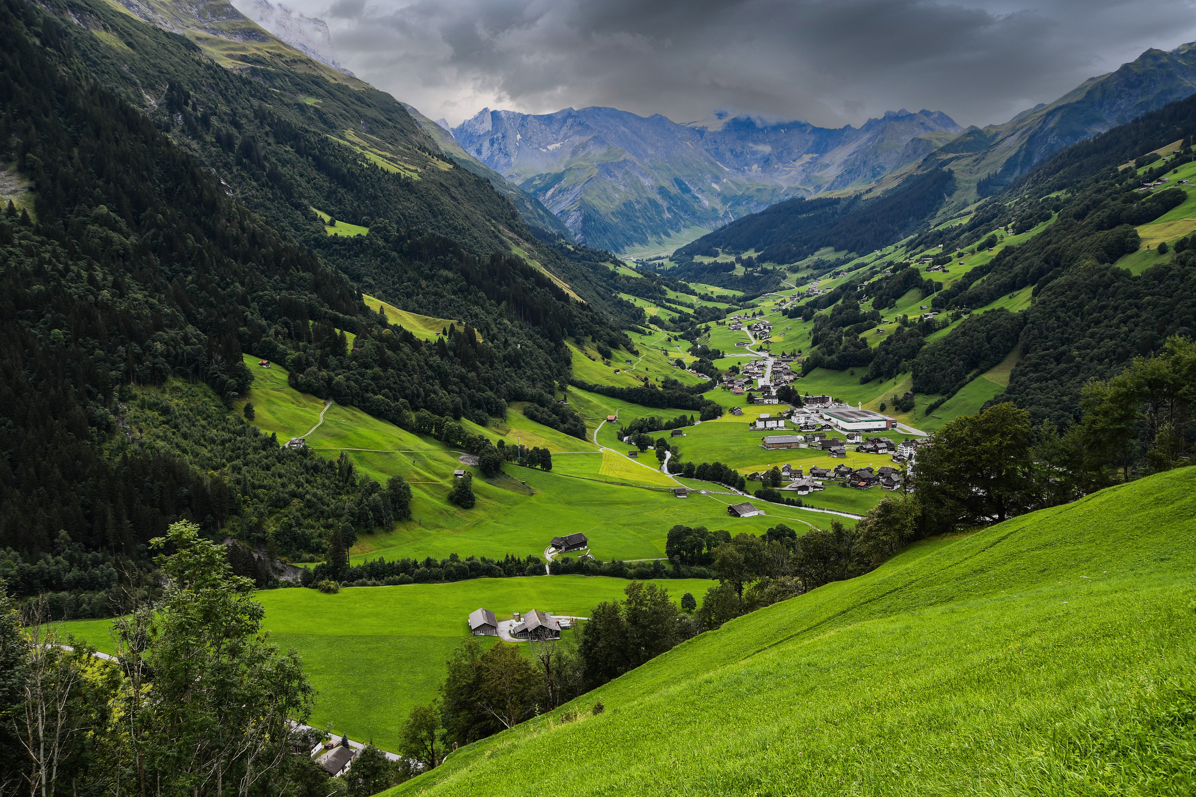 Grünes Tal und mächtige Berge in Elm