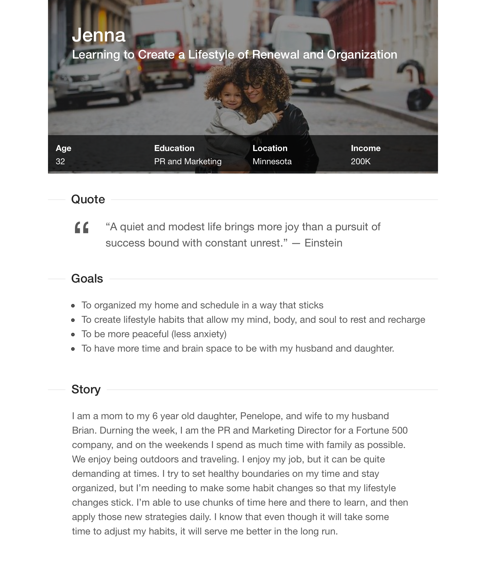 User persona profile of Jenna, a mom who is wanting to create a lifestyle of renewal and organization.