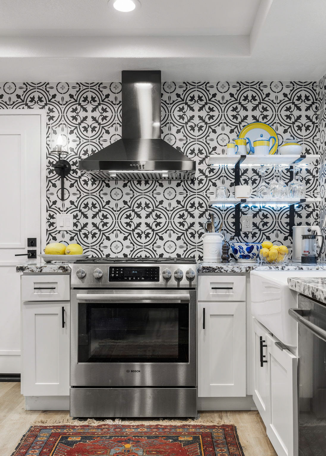 Counter to ceiling tile for modern simplicity.