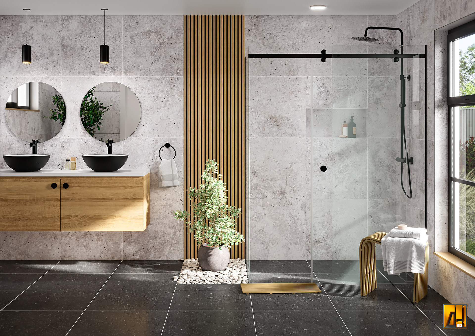 Mix Grigrio Travertine and Nero Black 60 x 60 cm tiles