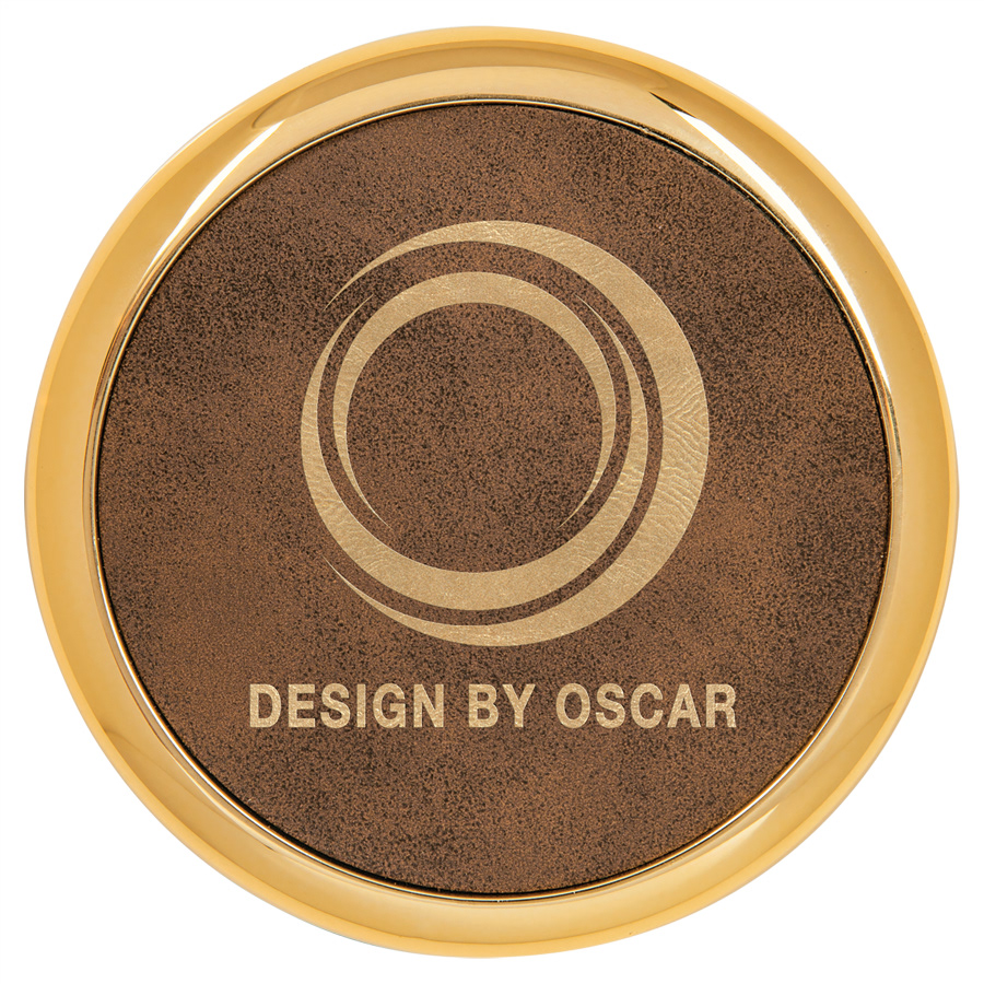 Rustic Gold Metal Coaster with Faux Leather Insert Round
