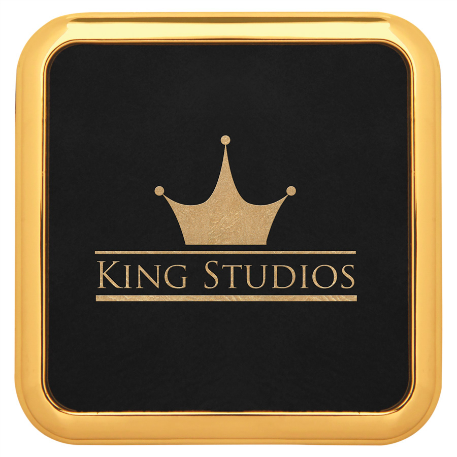 Black/ Gold Metal Coaster with Faux Leather Insert Square