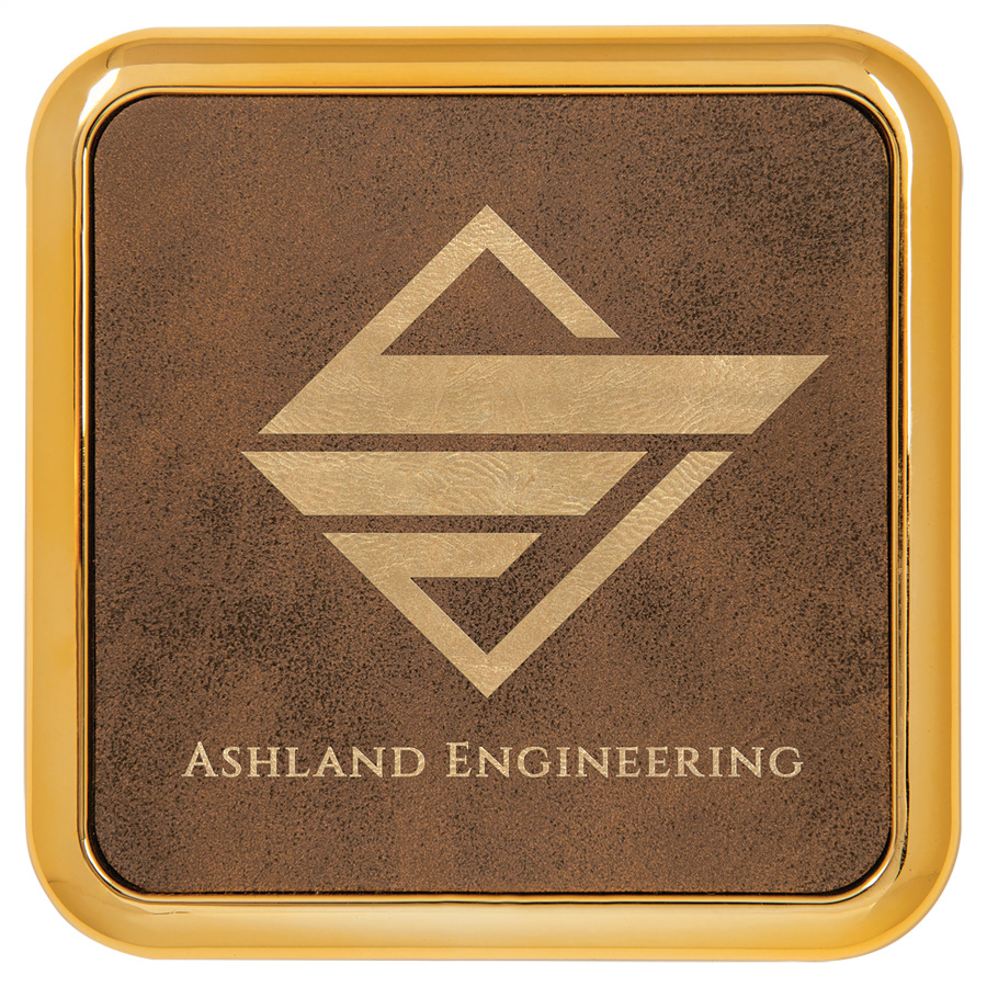 Rustic Gold Metal Coaster with Faux Leather Insert Square