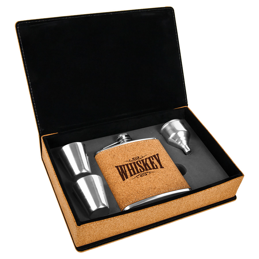 Cork Flask witj funnel and Stainless Steel Shot Glasses in Cork lines case