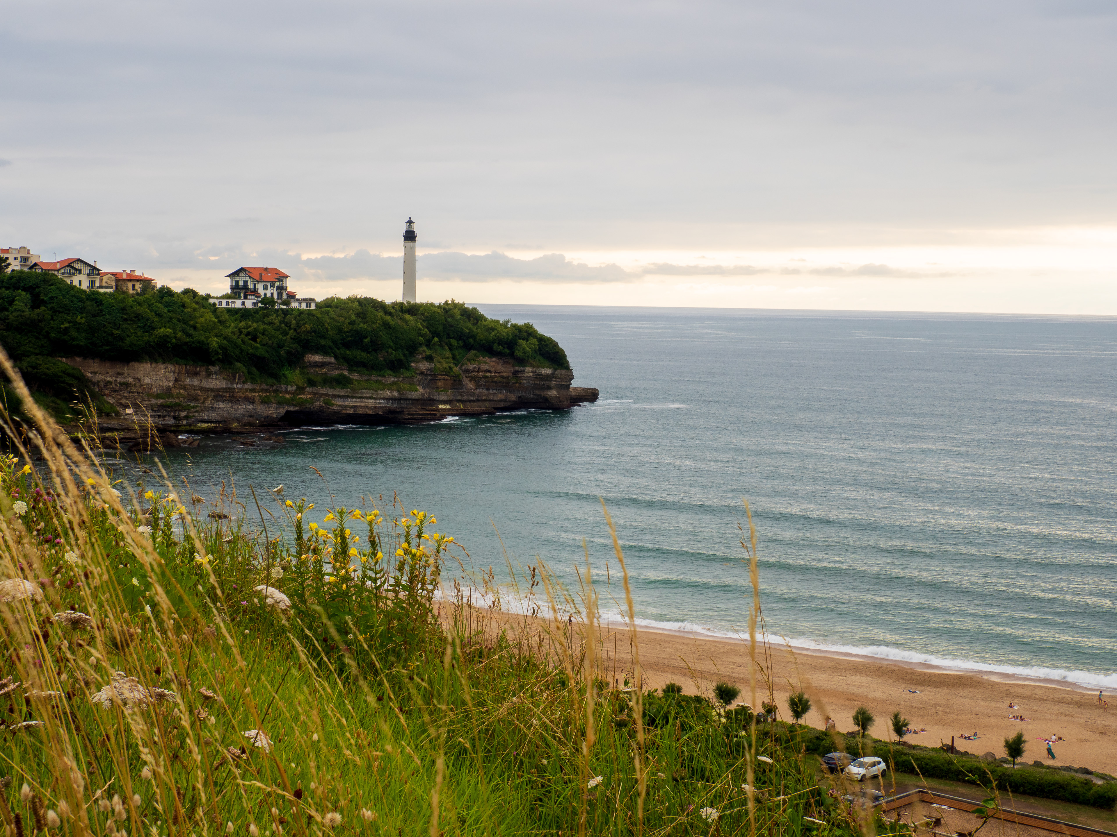 Vue sur le phare de Biarritz avec végétation au premier plan