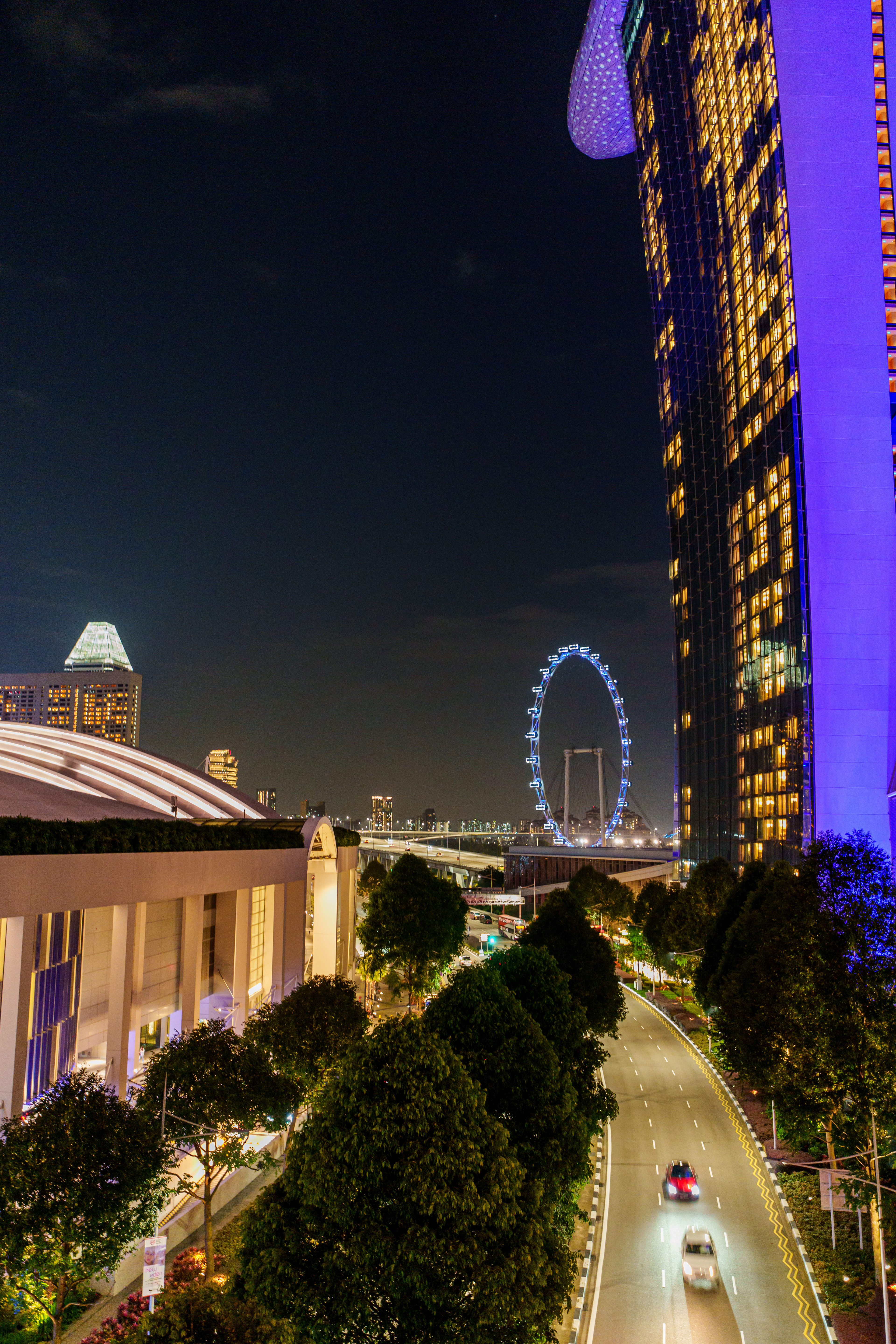 la grande roue et la route longeant le Marina Bay Sands