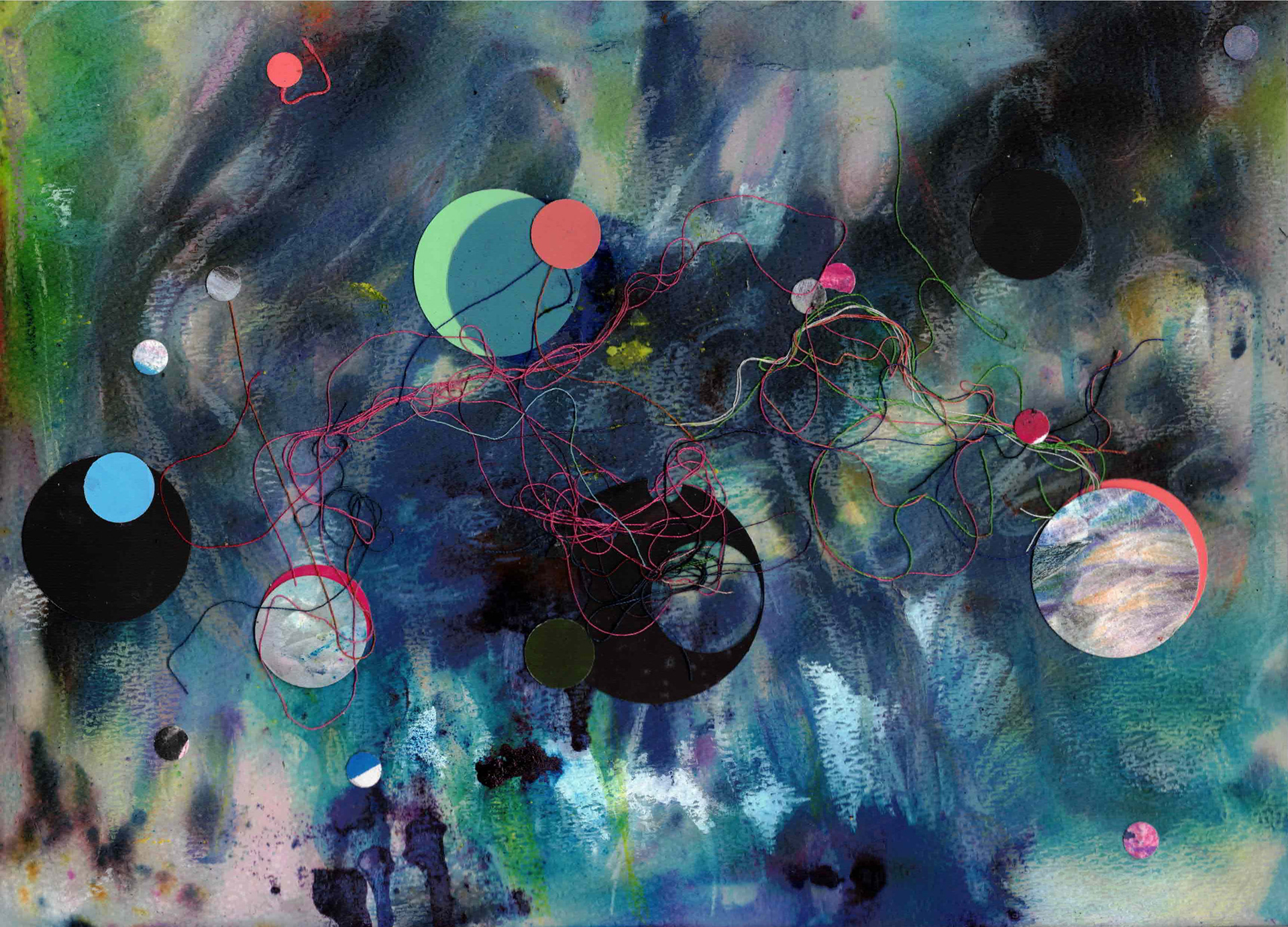 fiber reactive dye, thread, paper, graphite, thread, on paper, 9 x 12, 2025