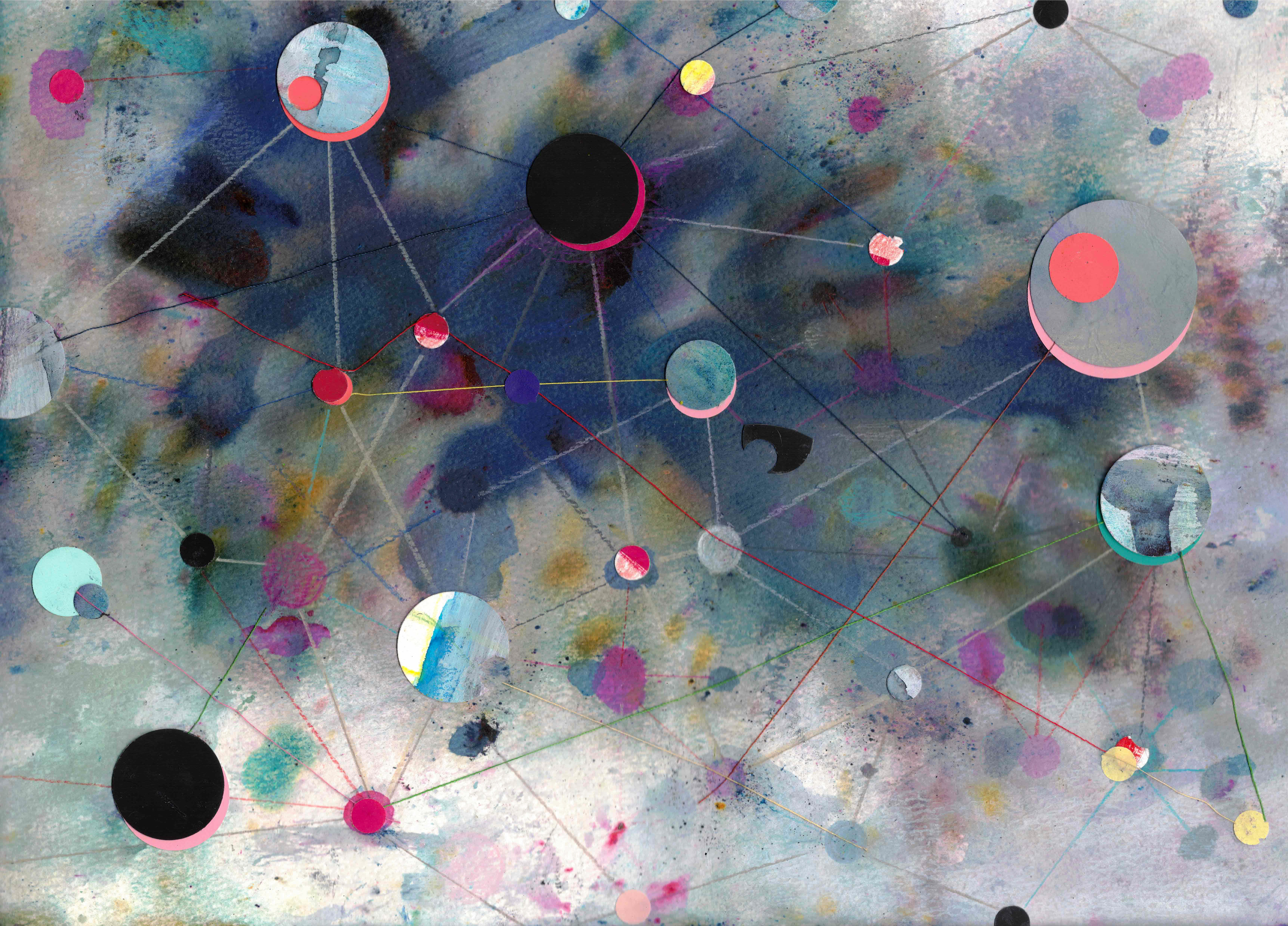 thread, fiber reactive dye, paper, colored pencil, on paper, 11 x 15