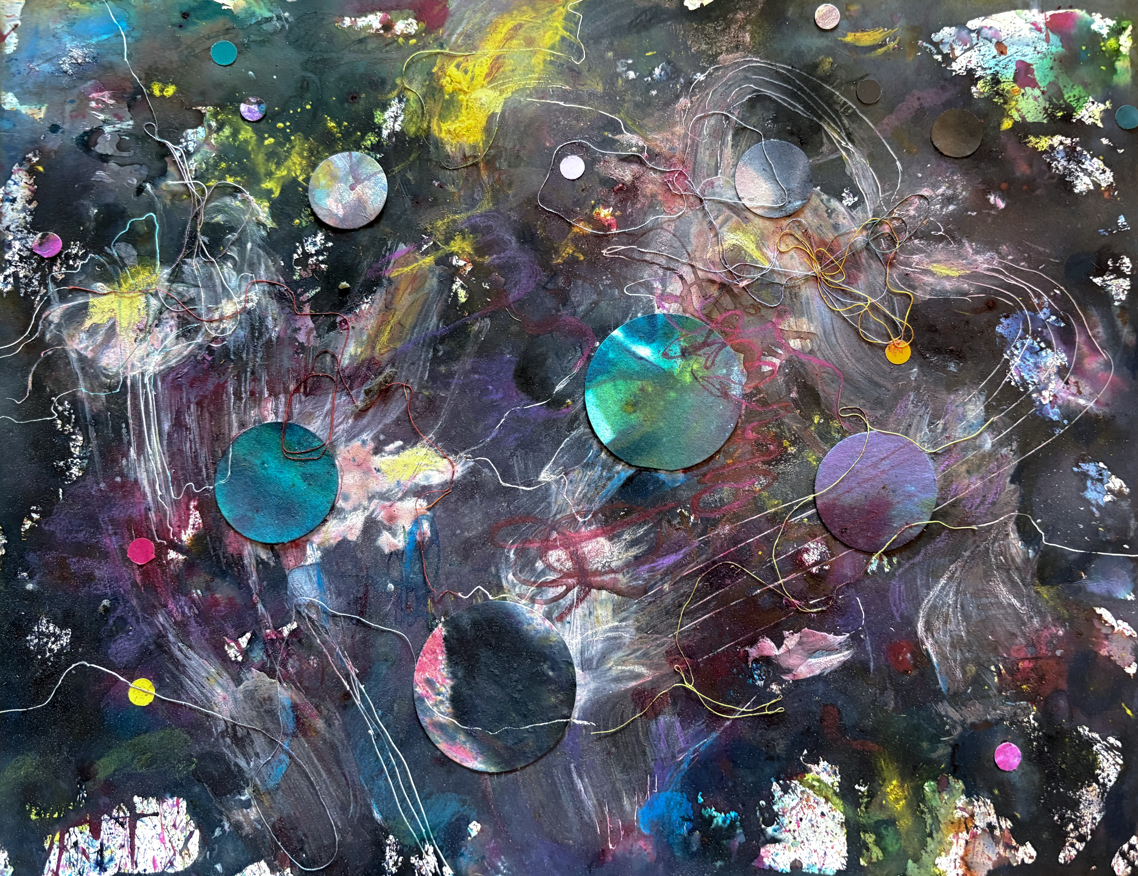 fiber reactive dye, pen, paper, gesso, thread, on paper, 11 x 14, 2025