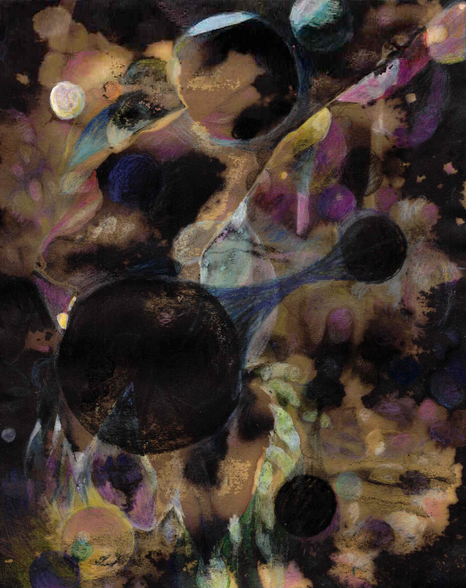 Gravitational Force, 9 x 12 inches, mixed media on black paper, 2026