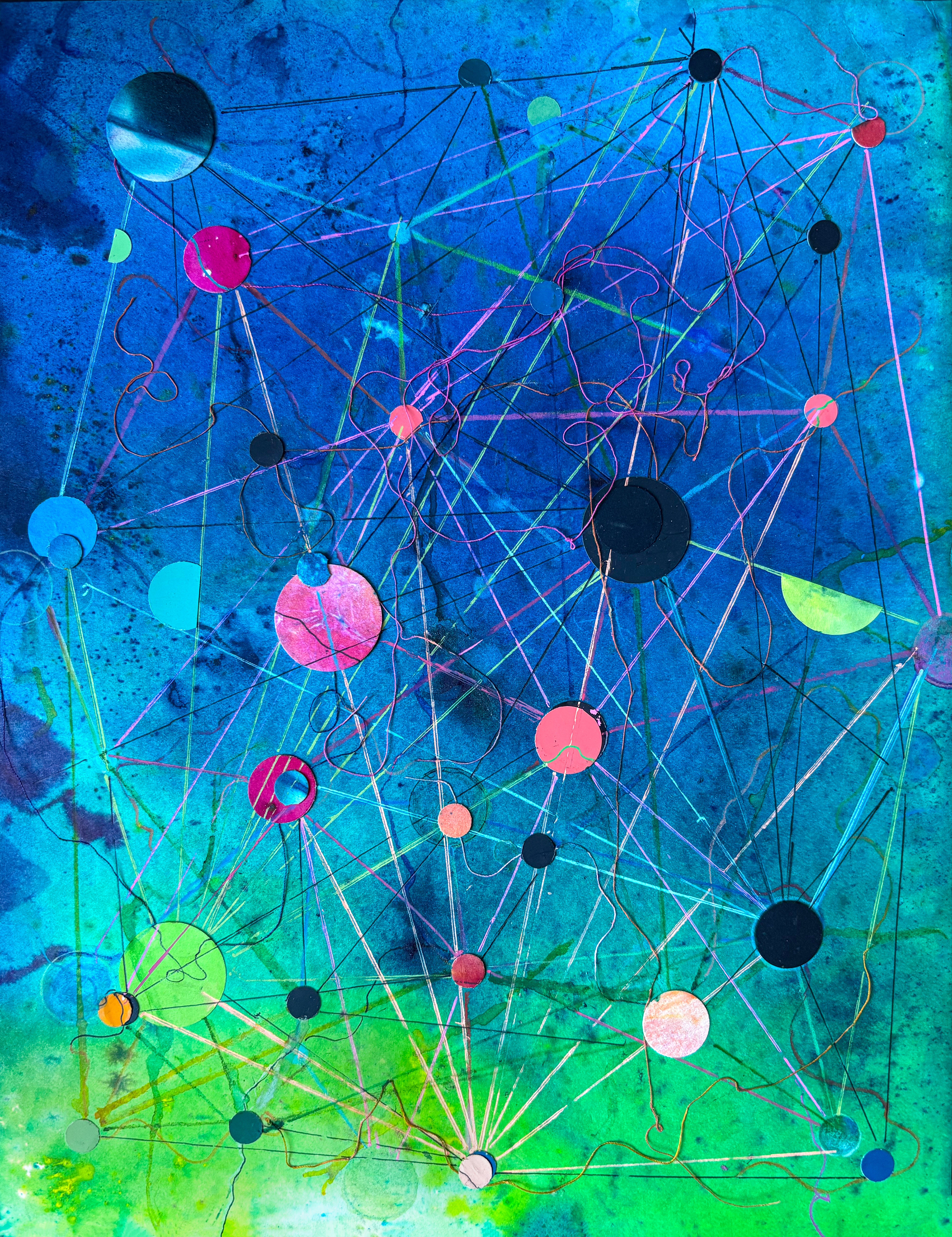 Contingency Plan, 9 x 12 inches, dye, watercolor, pen, colored pencil, thread, collage on paper 2026