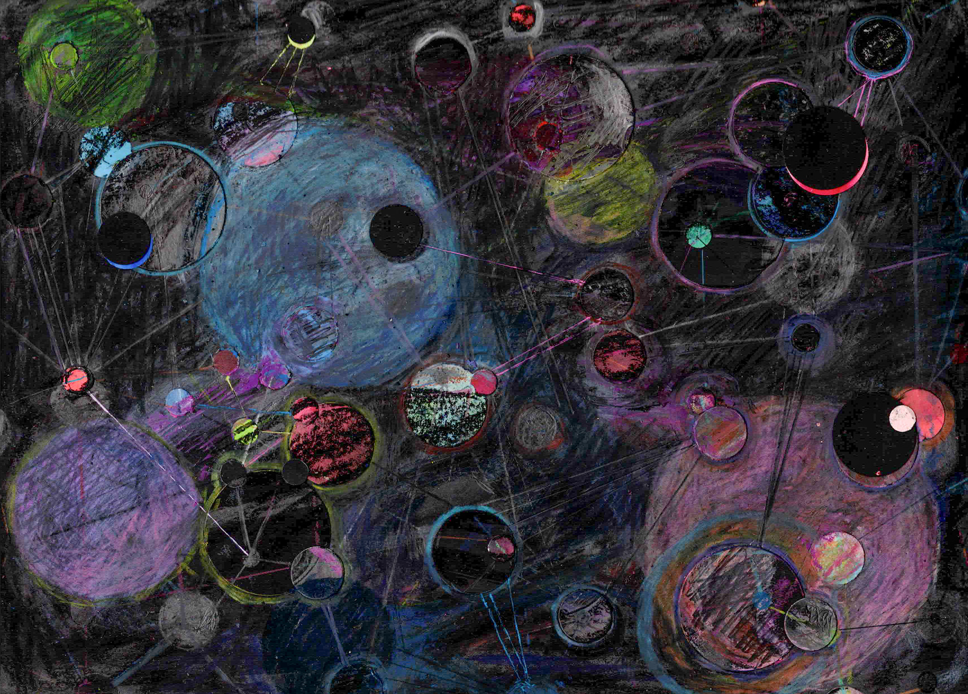 Dark Matter Disco,  mixed media on black paper, 9 x 12 in, 2026