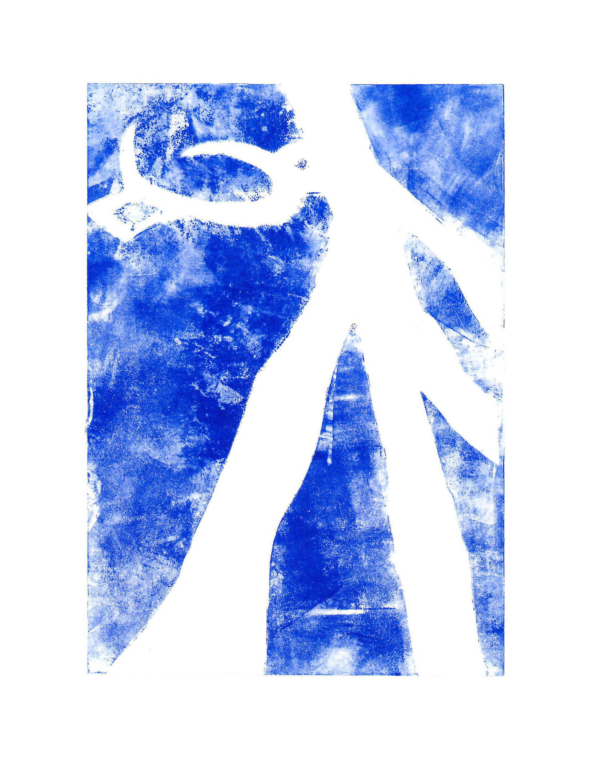 White Shadow on Blue Texture, 2021, moveable collagraph, 5 x 7 inches