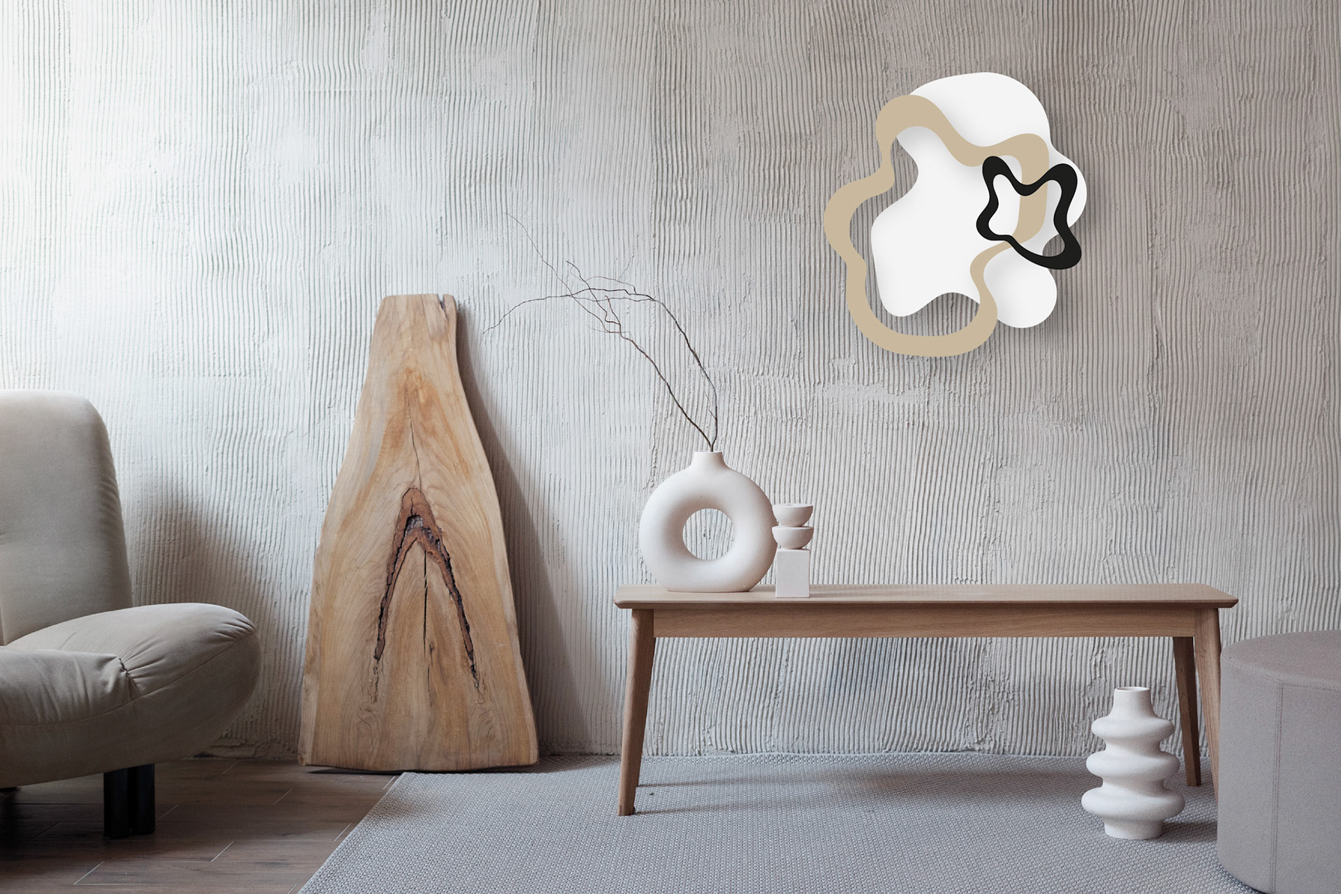 Ceramic vases with branches, armchair, pouf and wooden board in cozy room with beige walls. Still life composition. Contemporary flat design idea