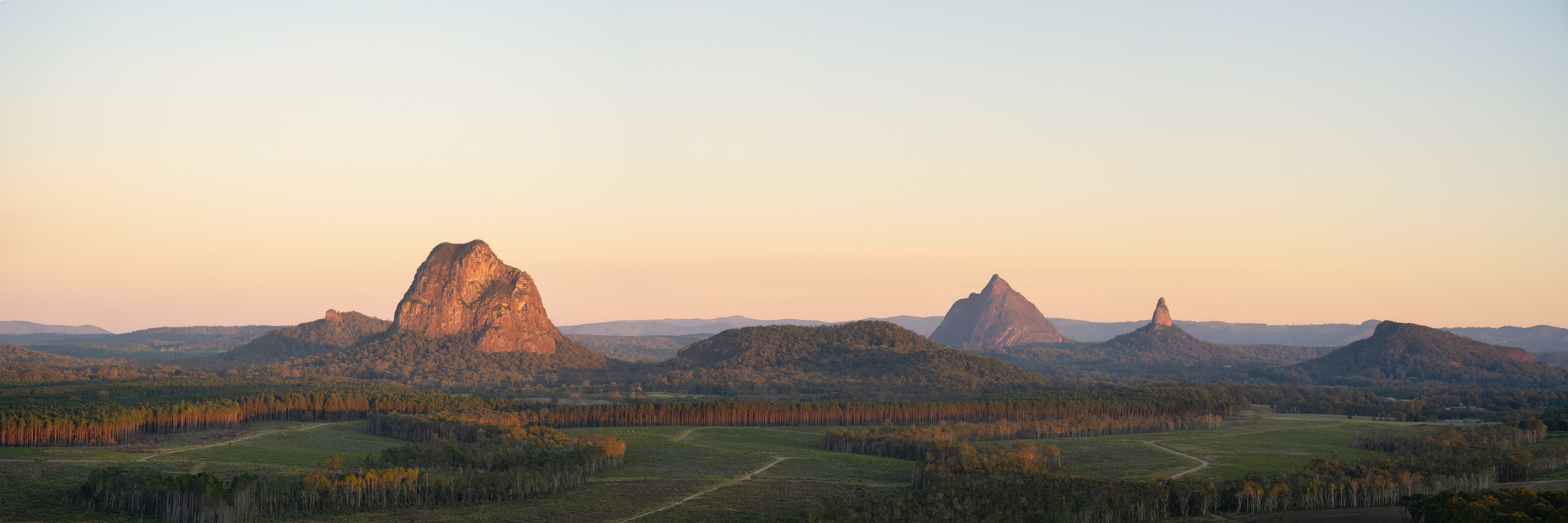 A sweeping view of the Glasshouse Mountains, QLD.