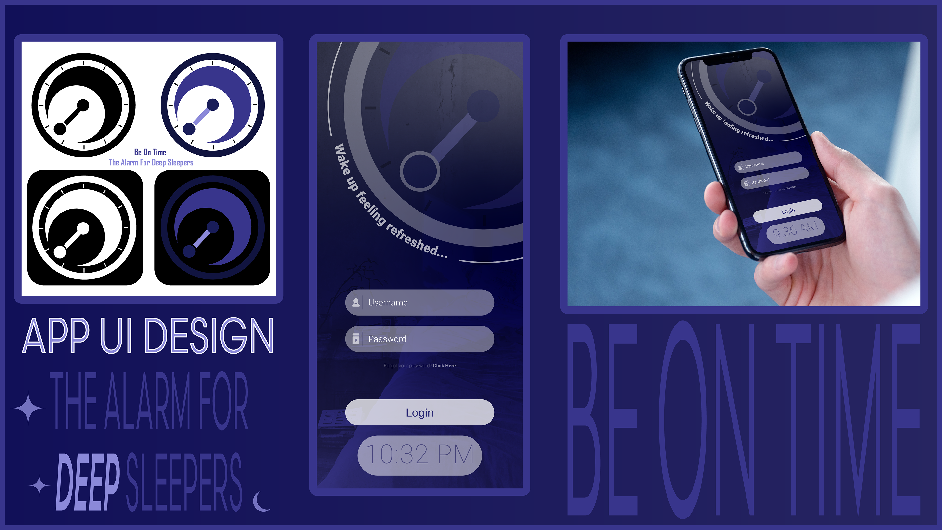 this is a mockup of an app called Be On Time. an app that allows you to set a series of passcodes or captcha like prompts you need to solve to stop an alarm, almost forcing you to wake up