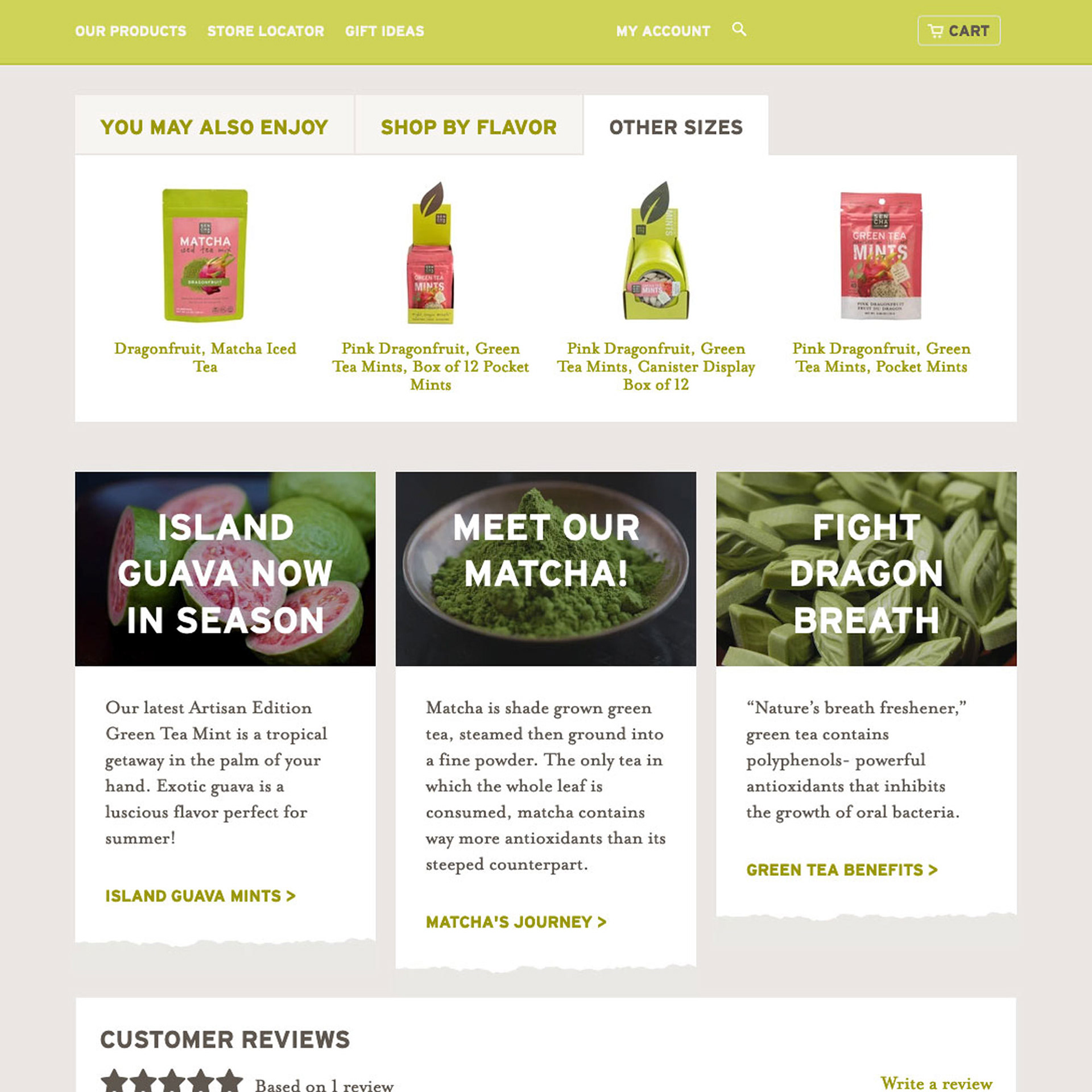 Multiple ways to shop related products are with a tabbed interface with featured, other flavors of the same product and other size of the same flavor.