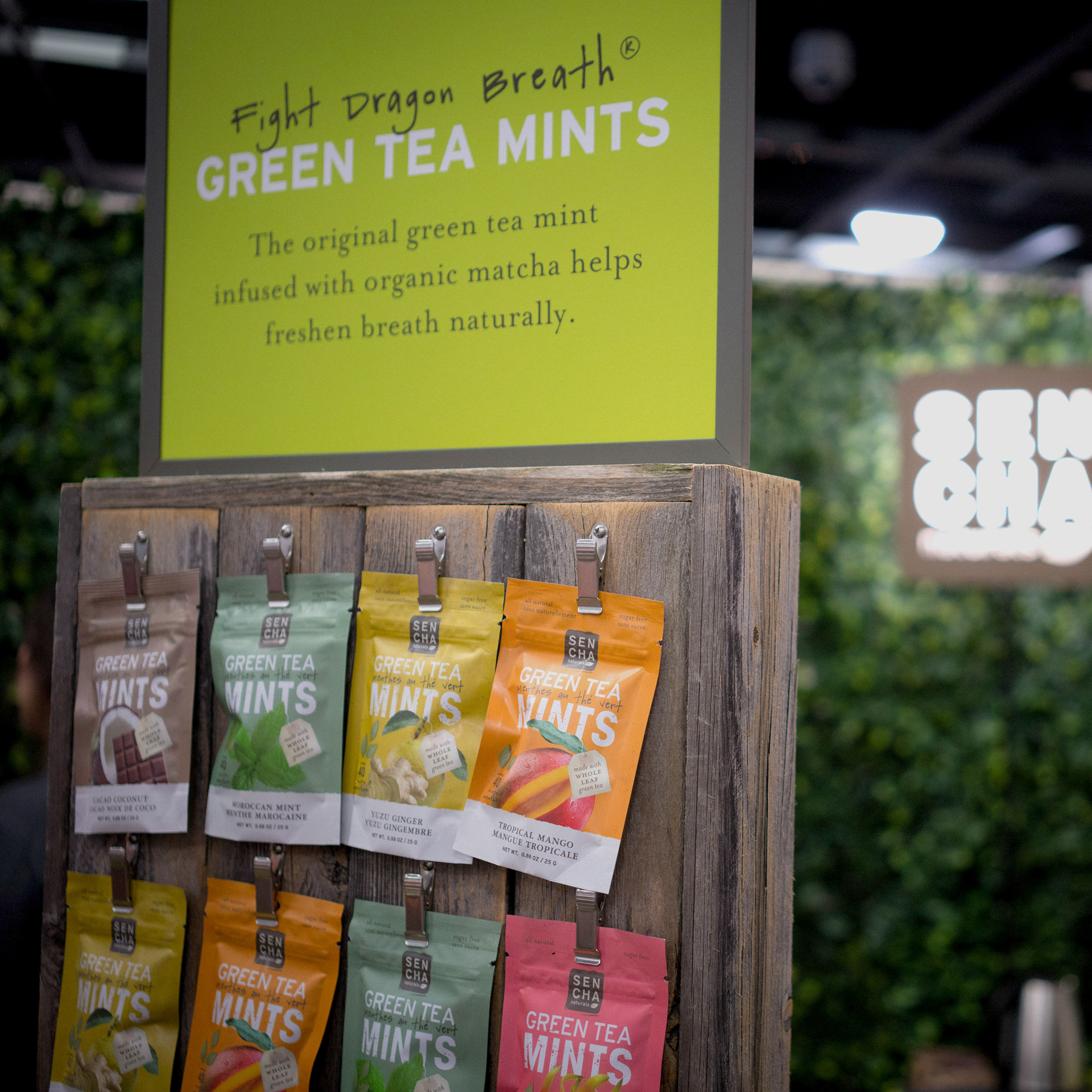 Green Tea Mint packet display stand with top signage.