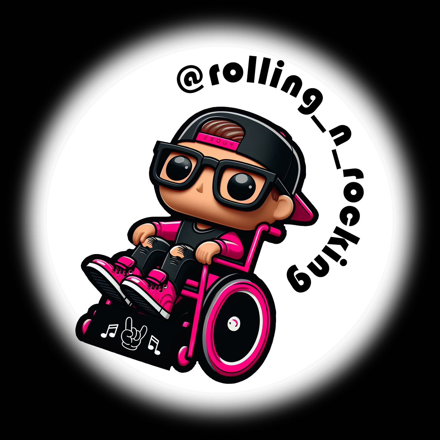 A logo on a white background. The image is a cartoon of a man in a pink wheelchair wearing black framed chunky glasses and a black baseball cap backwards. He is wearing pink shoes and the wheelchair is tipped back slightly. There is text running in a semi-circle around the head of the character reading @rolling_n_rocking
