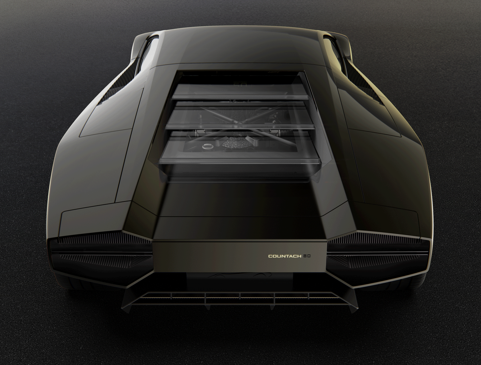 the braking light is nested within the glass panels covering the engine