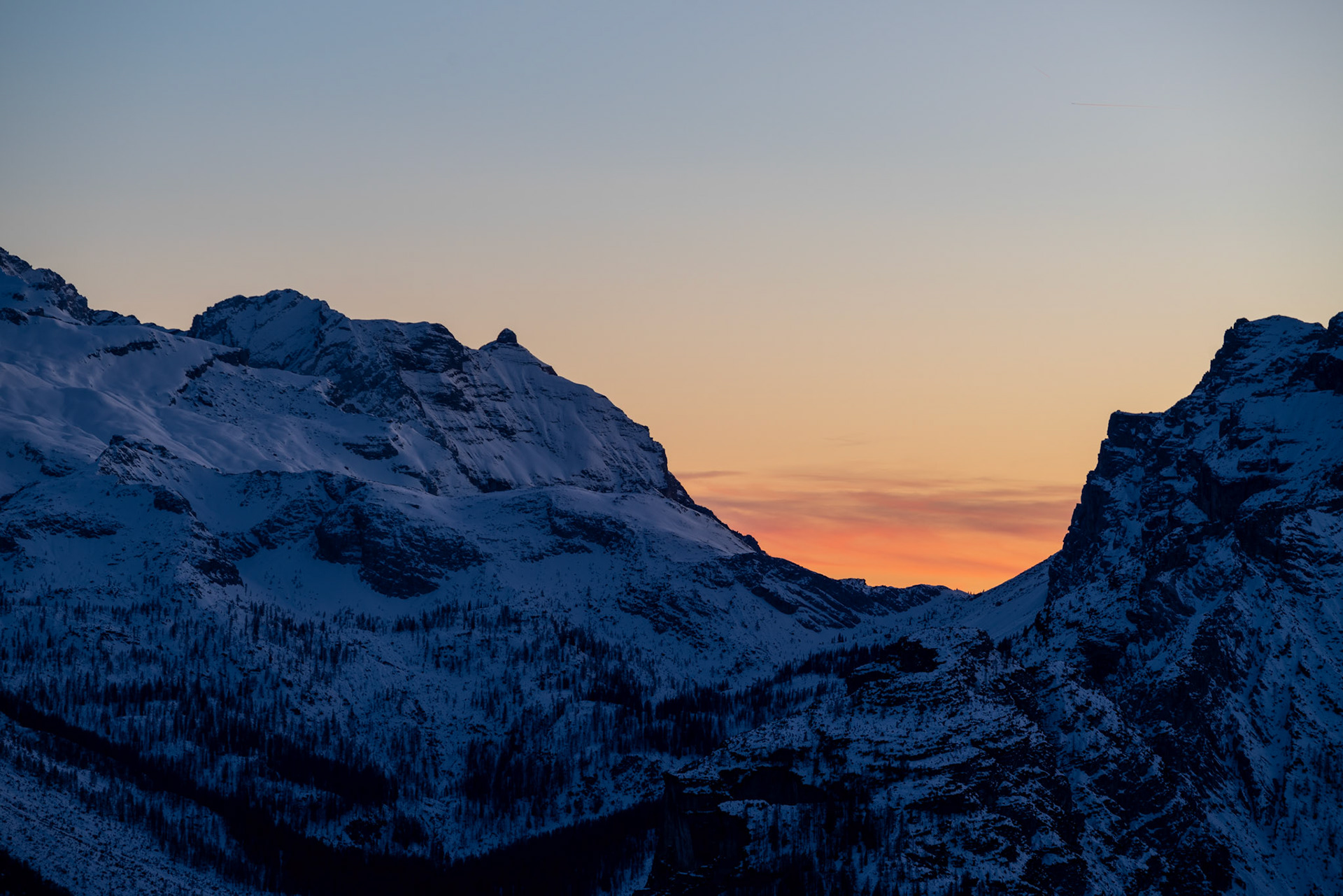 At dusk in the middle of winter in the Dolomites