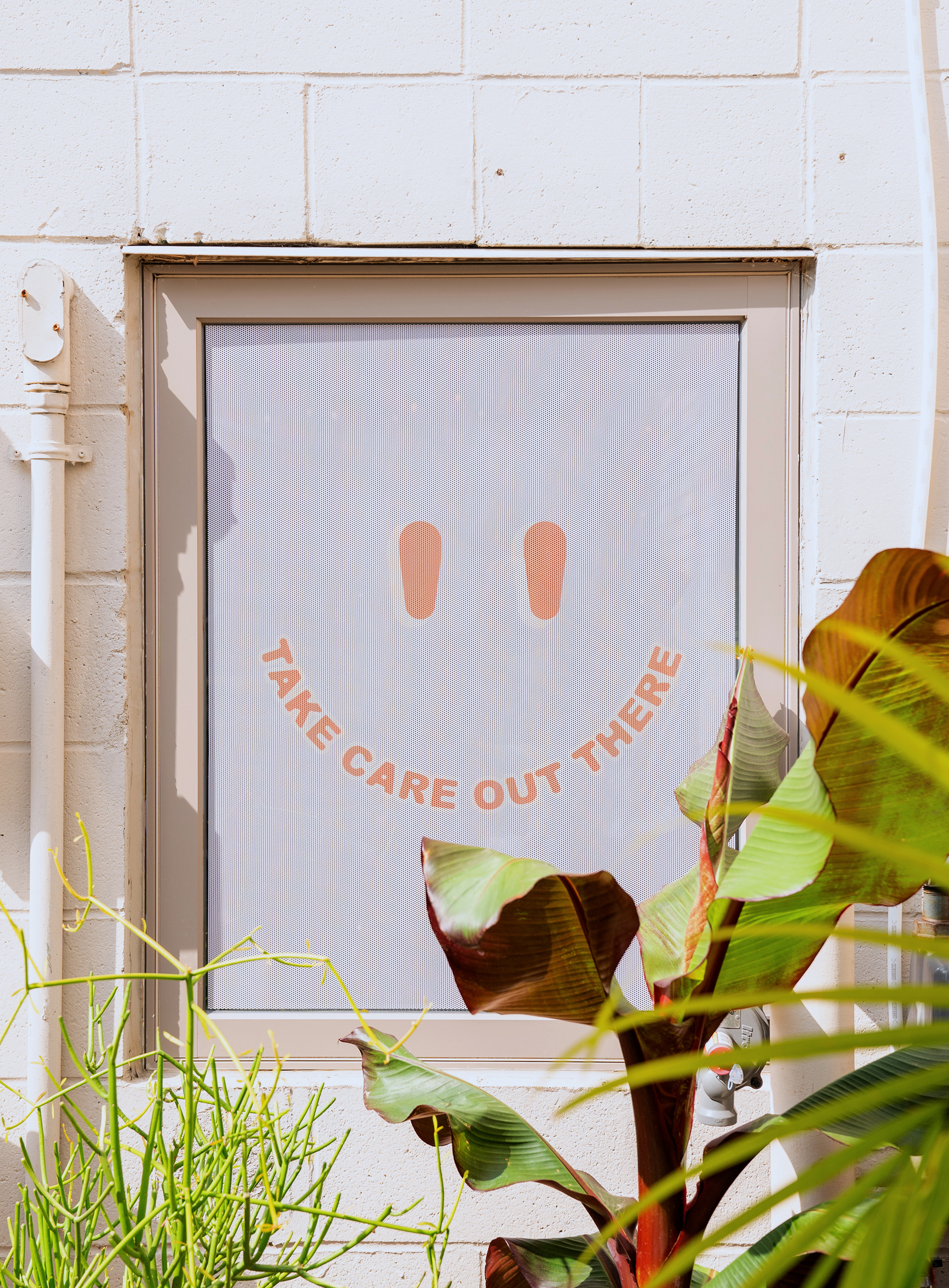 Perforated decal created for the back room of Take Care Cafe / Weekly Whyte Ave. The decal covers the staff room window - creating a buffer between the staff and the patrons of Take Care Cafe.