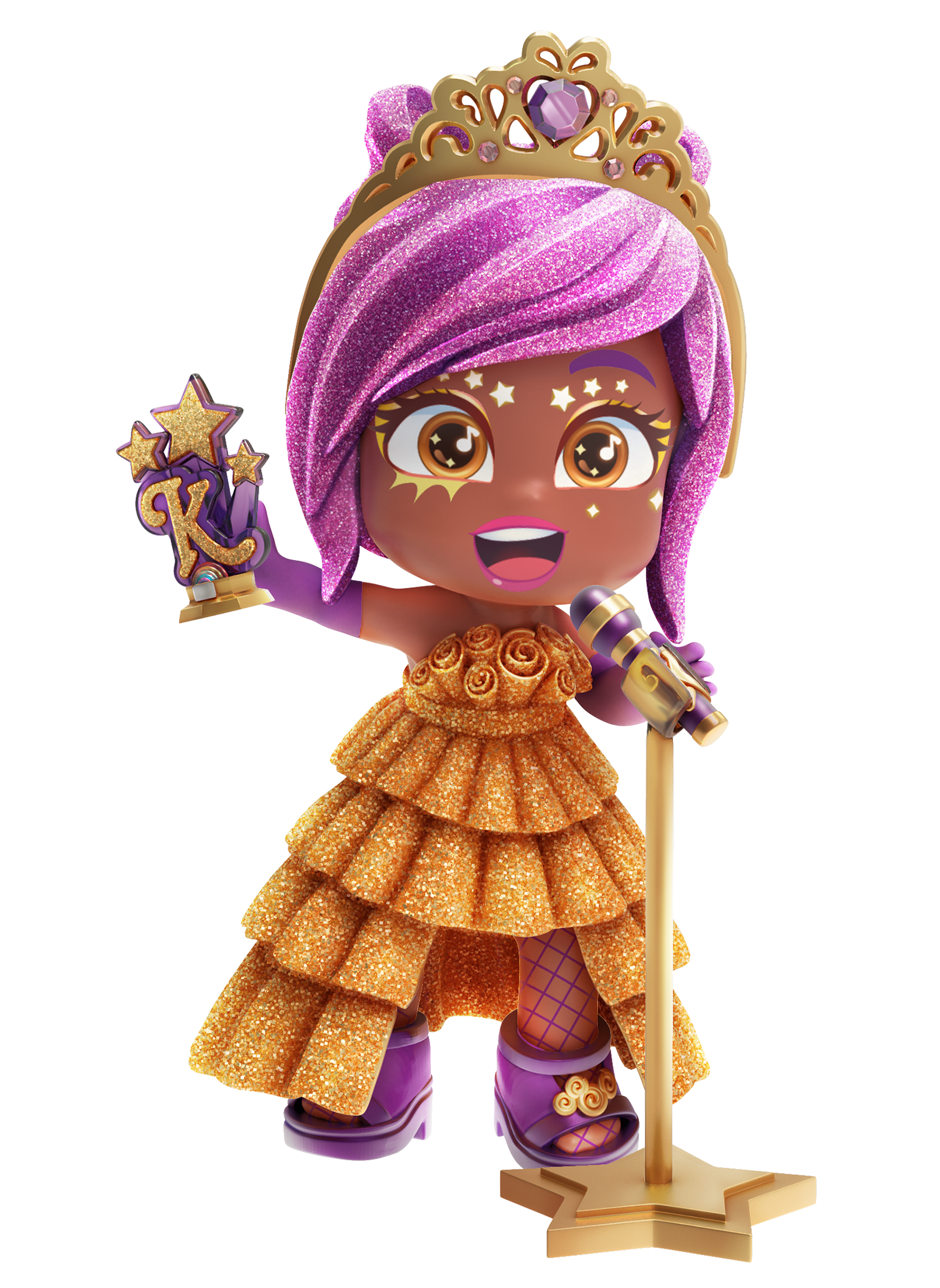 ✨ Kookyloos Season 5 doll Jazmine Pop. Doll: Modelled in zBrush and Maya, hi-res optimized for 3D printing and production. Renders: Set-up in zBrush for Keyshot, posterior production with Photoshop. 🙏🏼 Doll made by all Kookyloos Team members. ✍🏼 What did I work on? - 3D models of the following clothes and props: Dress, trophy and microphone. - Doll pose. - Keyshot lights & textures set-up and renders. - Product samples supervision until market launch. © 2023 Magic Box Toys. All rights reserved.