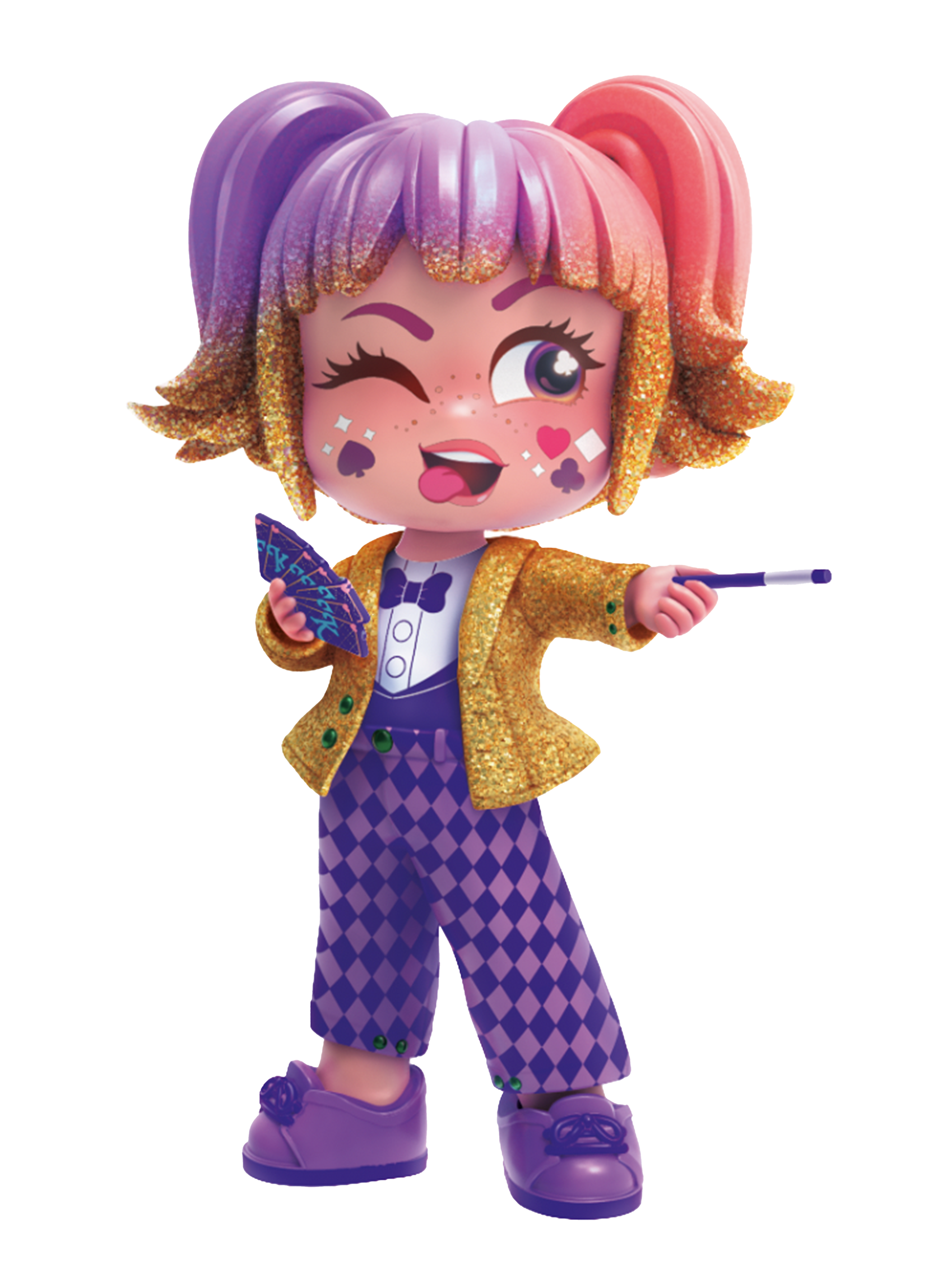 ✨ Kookyloos Season 5 doll Gloria Glitter outfit. Doll: Modelled in zBrush and Maya, hi-res optimized for 3D printing and production. Renders: Set-up in zBrush for Keyshot, posterior production with Photoshop. 🙏🏼 Doll made by all Kookyloos Team members. ✍🏼 What did I work on? - 3D models of the clothes and accesories (Suit, card deck, magic wand). - Pet rabbit and hat. - Doll pose. - Keyshot lights & textures set-up and renders. - Product samples supervision until market launch. © 2023 Magic Box Toys. All rights reserved.