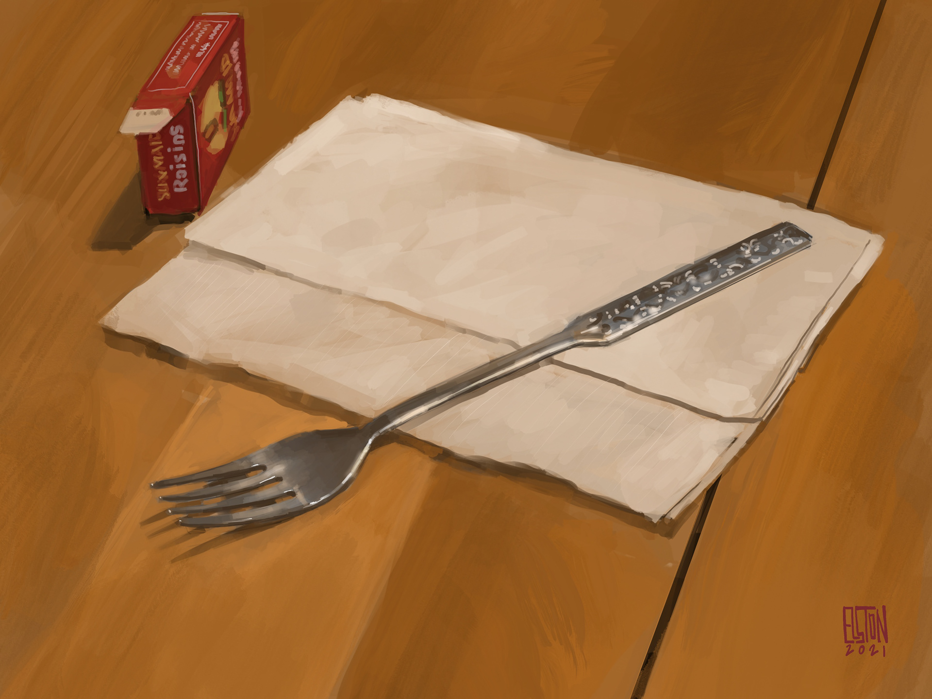 Fork, Napkin, and Raisin box