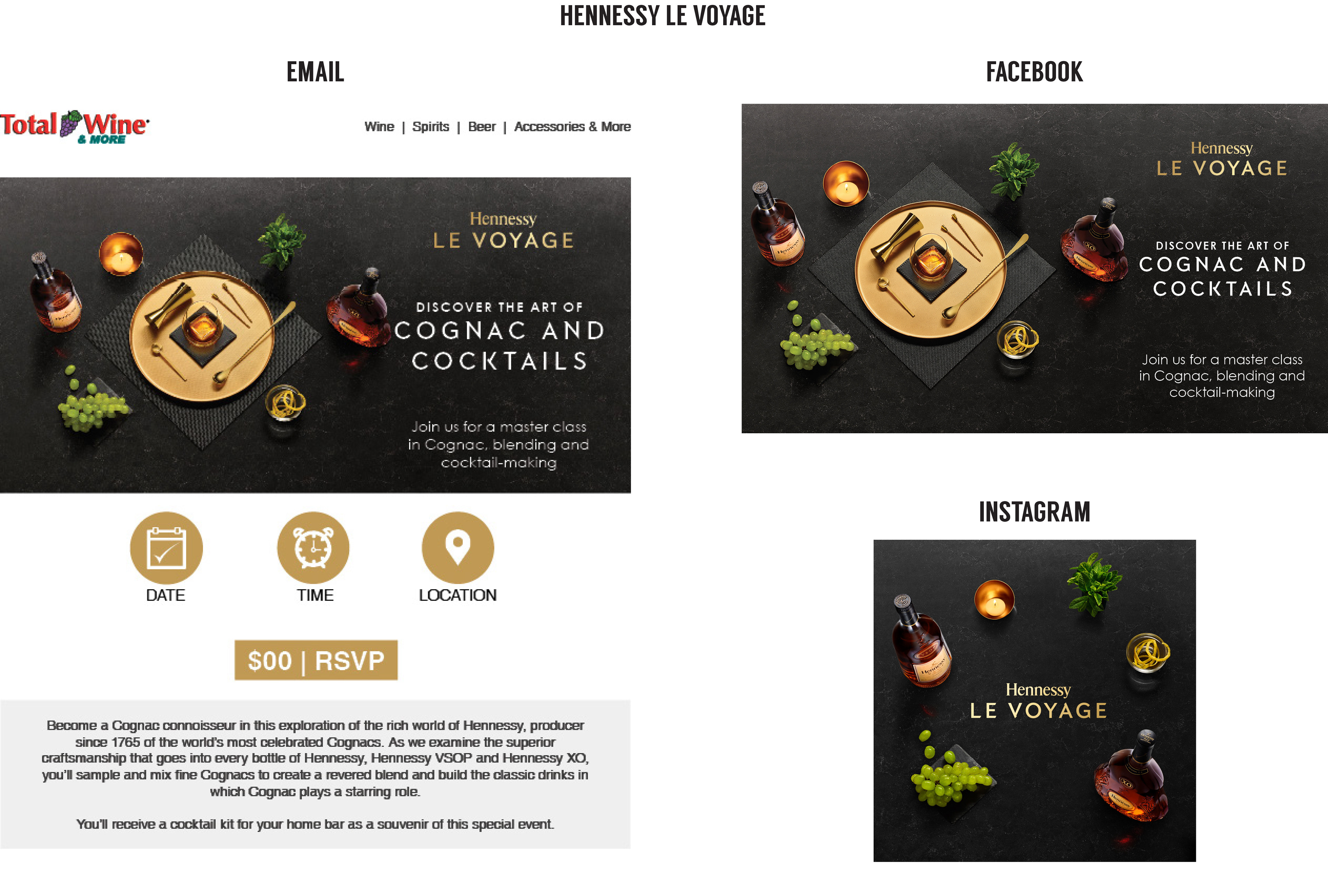 Task: Concept and design for an upcoming in-store event. Work with copy editors, developers and sales team members Medium: Email, Facebook, Instagram