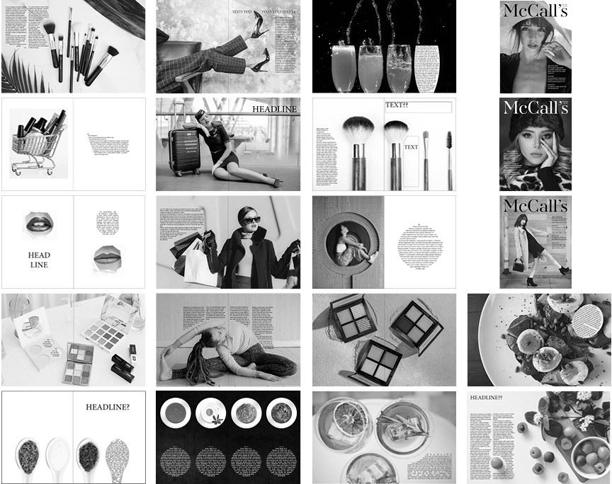 Digital sketches experimenting with typography, photography, and layout