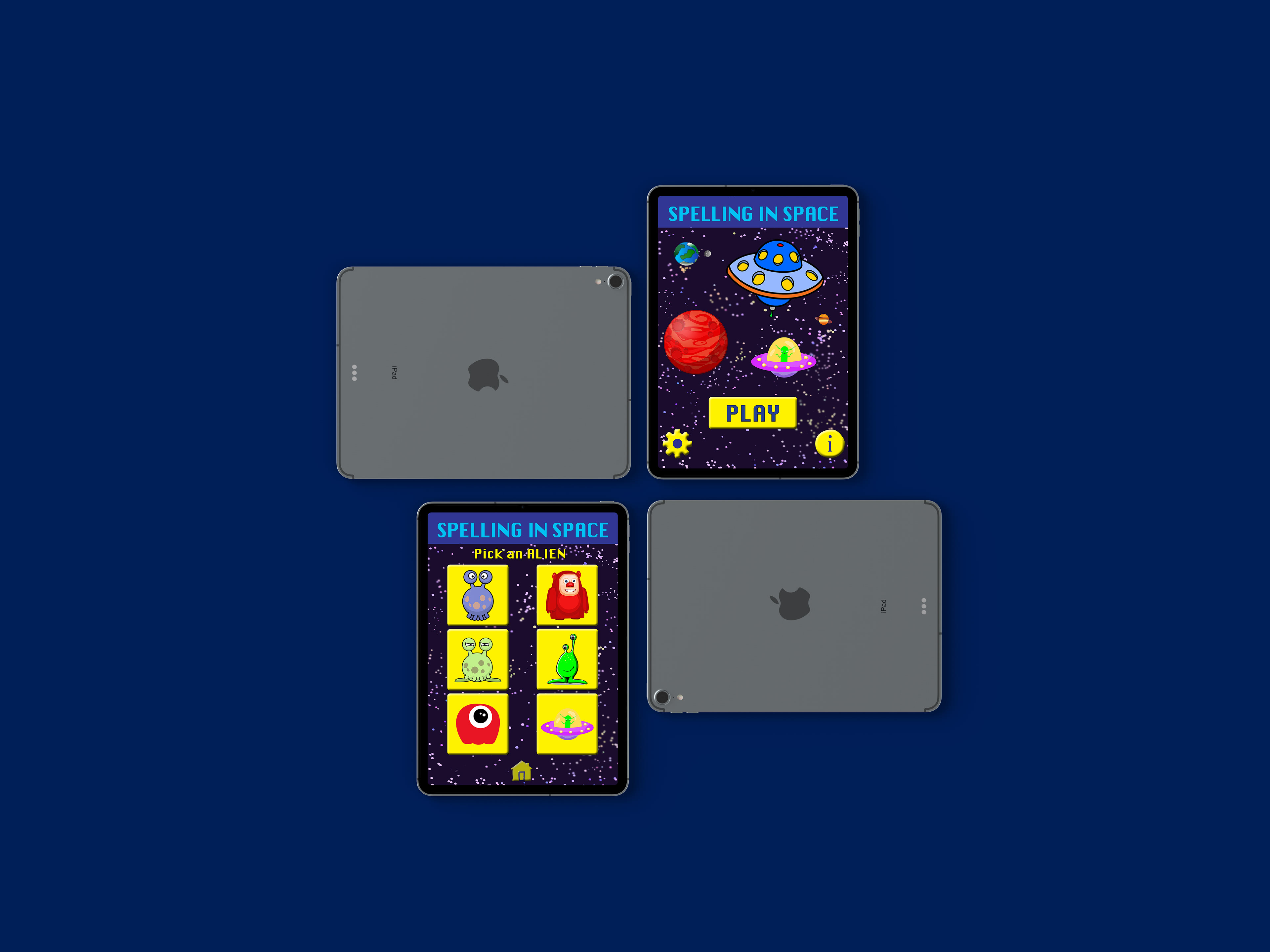 iPad user interface for Spelling in Space app for children