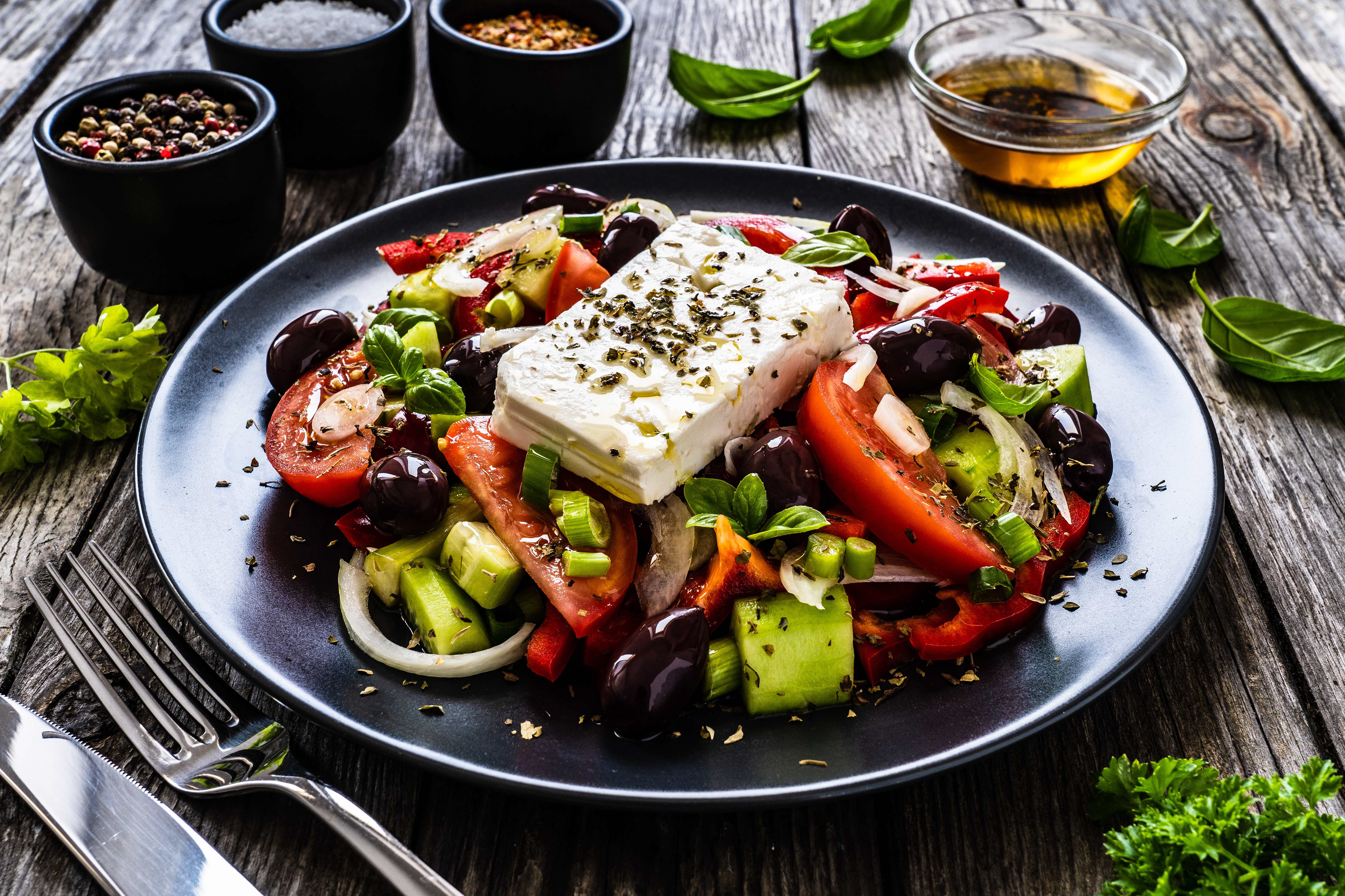 The classic Greek salad. Tomatoes still warm from the sun, local feta, olive oil pressed just down the road — the essence of Lefkada on a plate