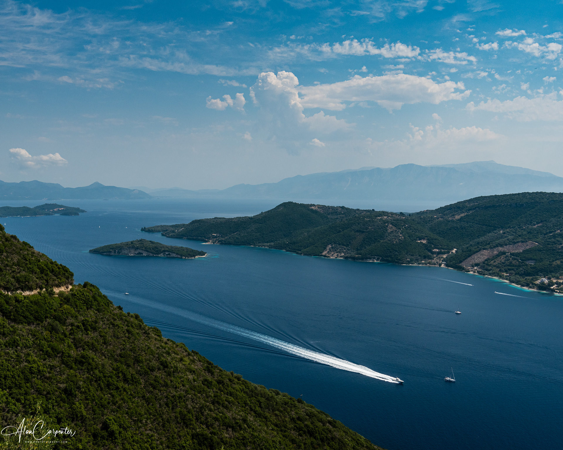 Set out from Villa Gabriella Lefkada for a family day of island-hopping — views across the Meganisi Channel like this are unforgettable. Pack a picnic, stop for swims, and soak up the Ionian blues together