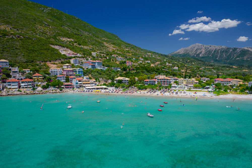Vasiliki Beach in south Lefkada — a relaxed coastal spot and windsurfer’s paradise, perfect for family days out during your Lefkada villa holiday