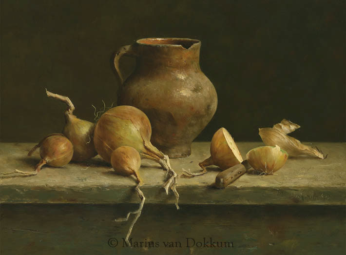 Stilleven met kruik en uien