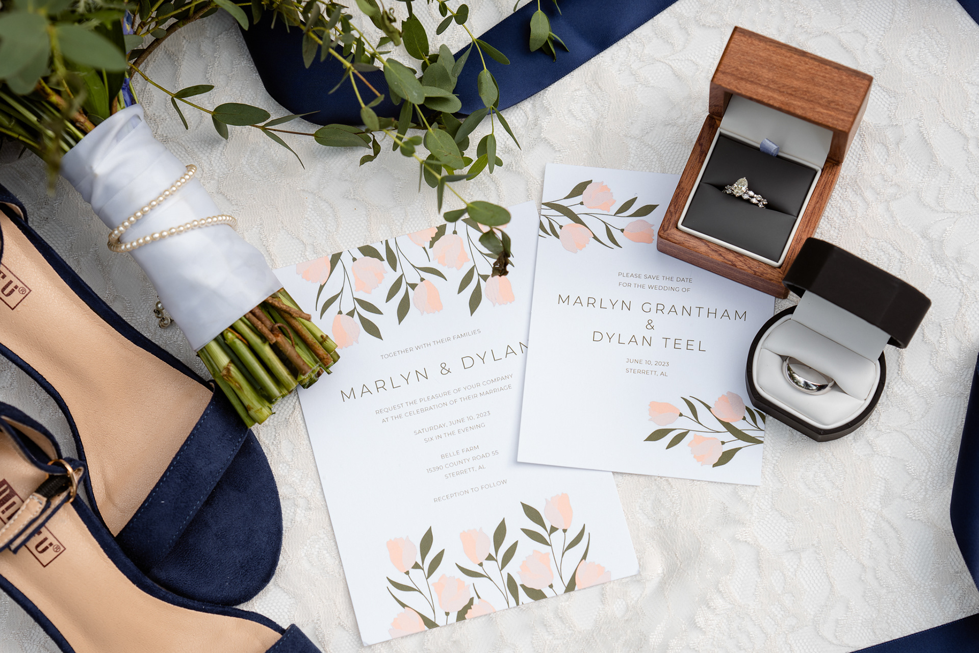 Photo grid with navy and peach colors