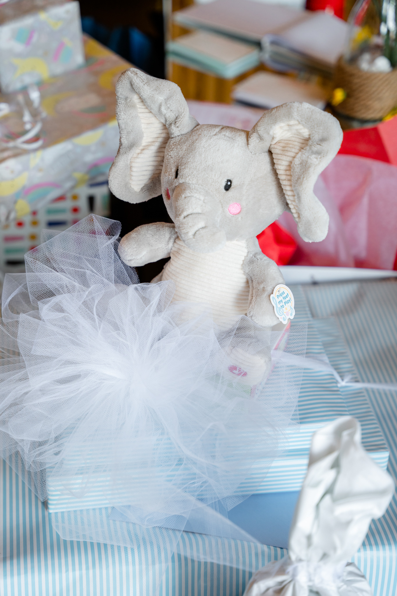 Detail shot from baby shower gift pile