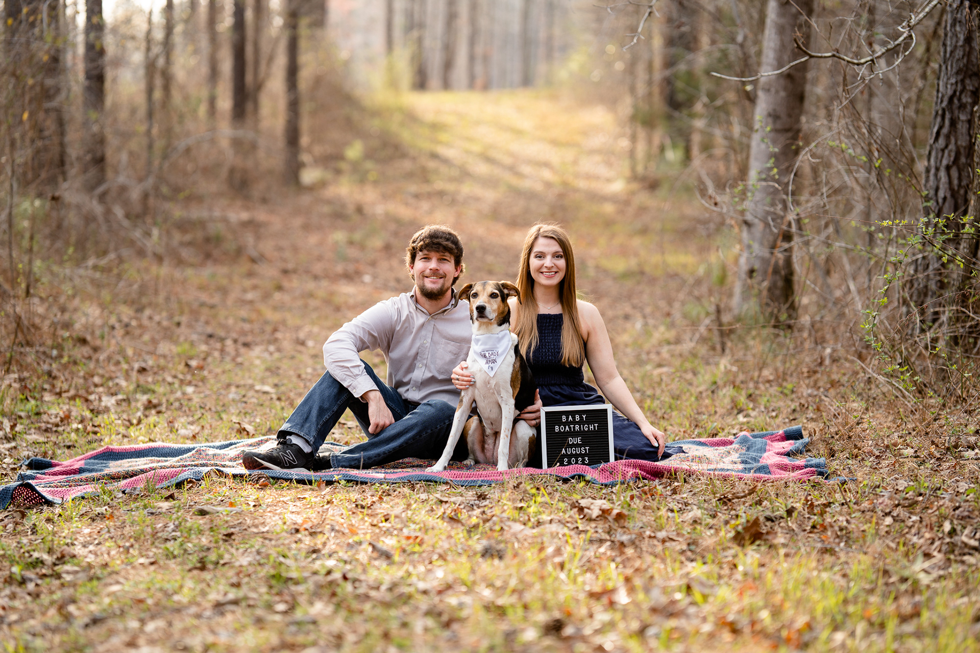 Baby Announcement with Dog in the Woods