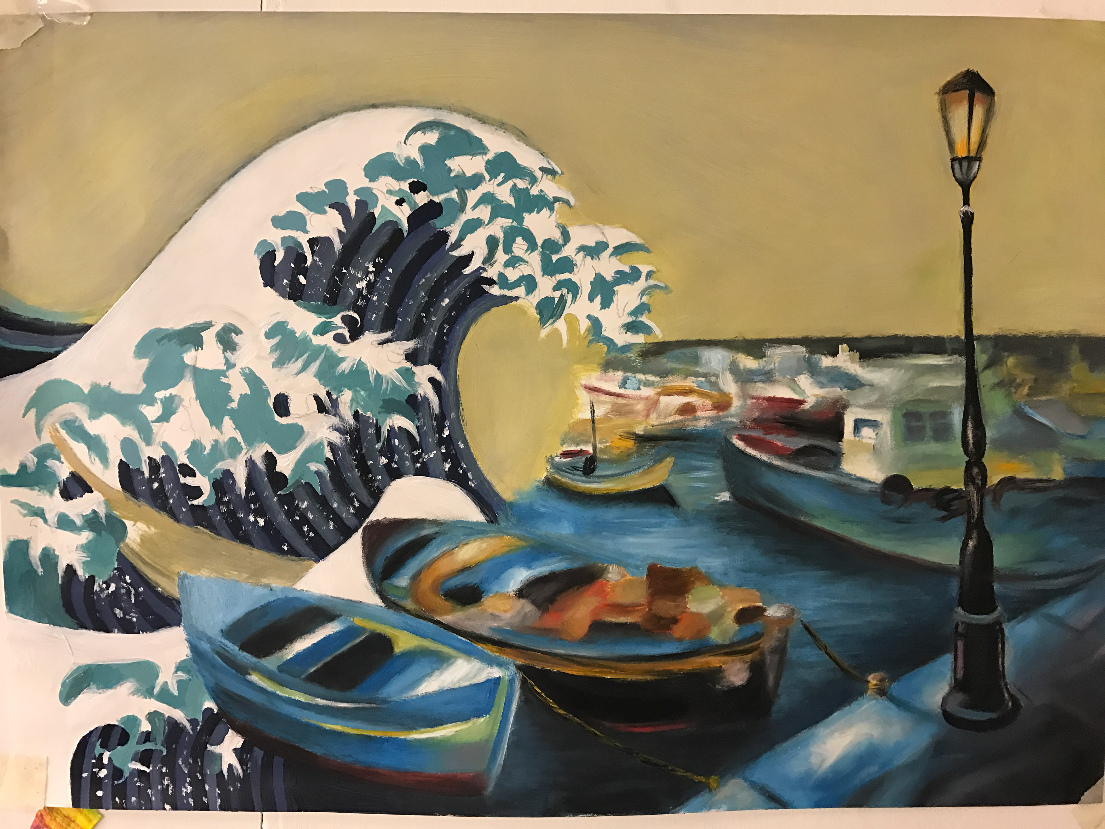 Transcription of The Great Wave of Kanawaga by Hokusai and Fishing Boats by Leonid Afremov (combined), A2, Acrylic and Oil Paint, Paper.