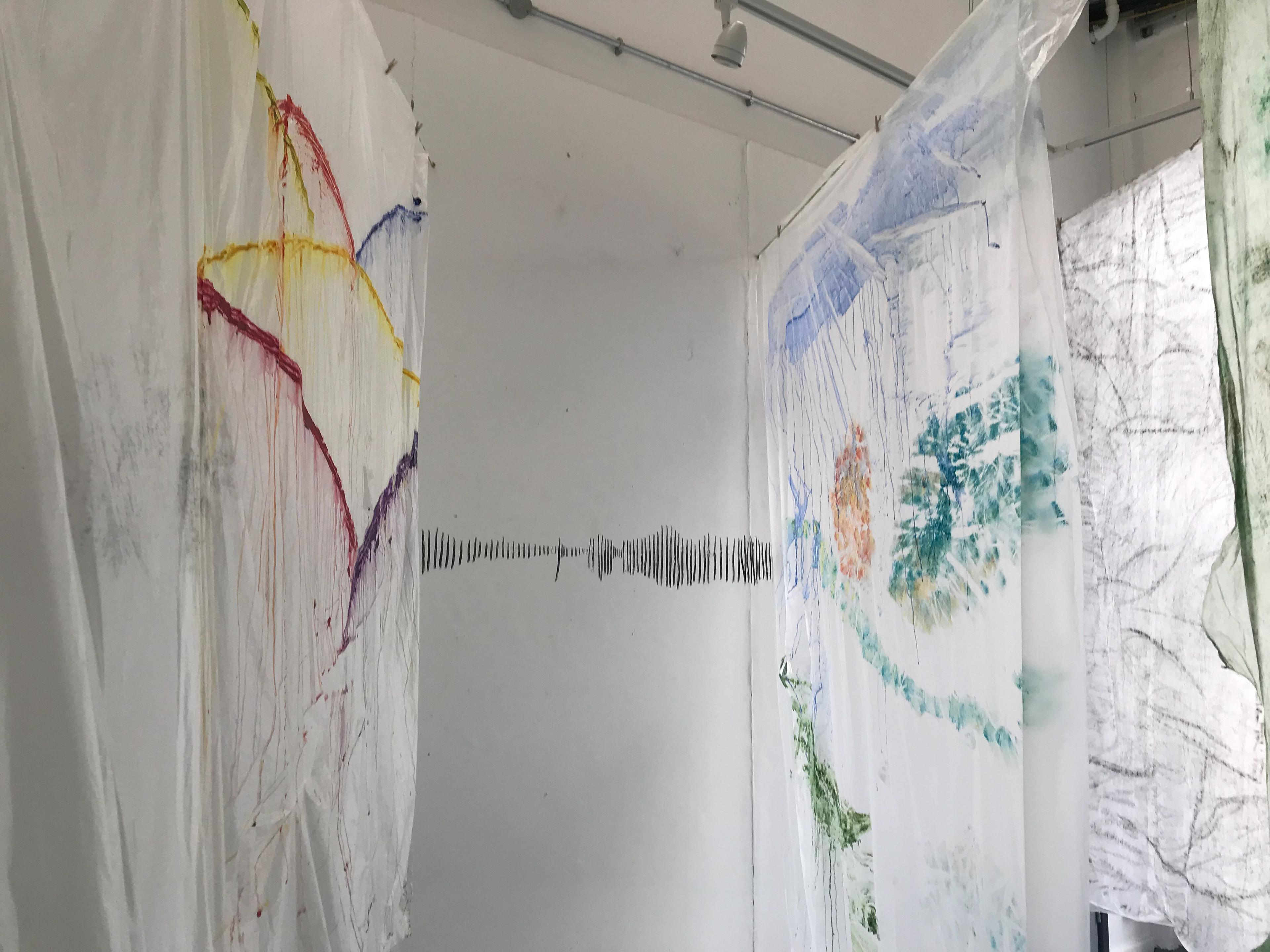 Veiling Landscapes, a group exhibition displaying transparent sheets of different paintings of landscapes to combine the layers into one piece, creating a journey through sounds, memories and trails, 20th-23rd February 2018