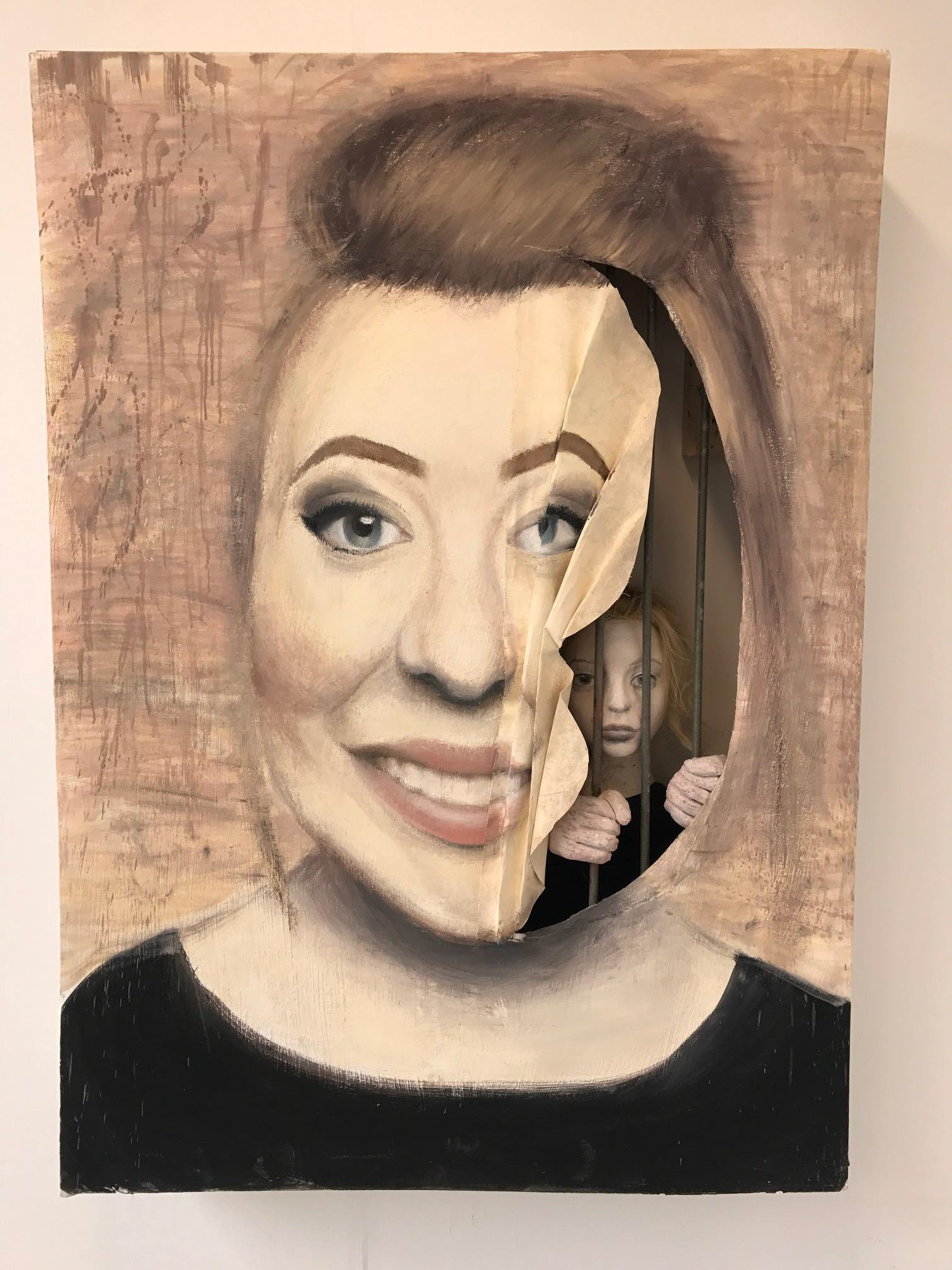 Hidden Insecurities, true self trapped away from society, pretending to be happy and confident in makeup to prevent judgement, Oil, A0, Canvas on Wooden Open Box, Clay Sculpture inside.
