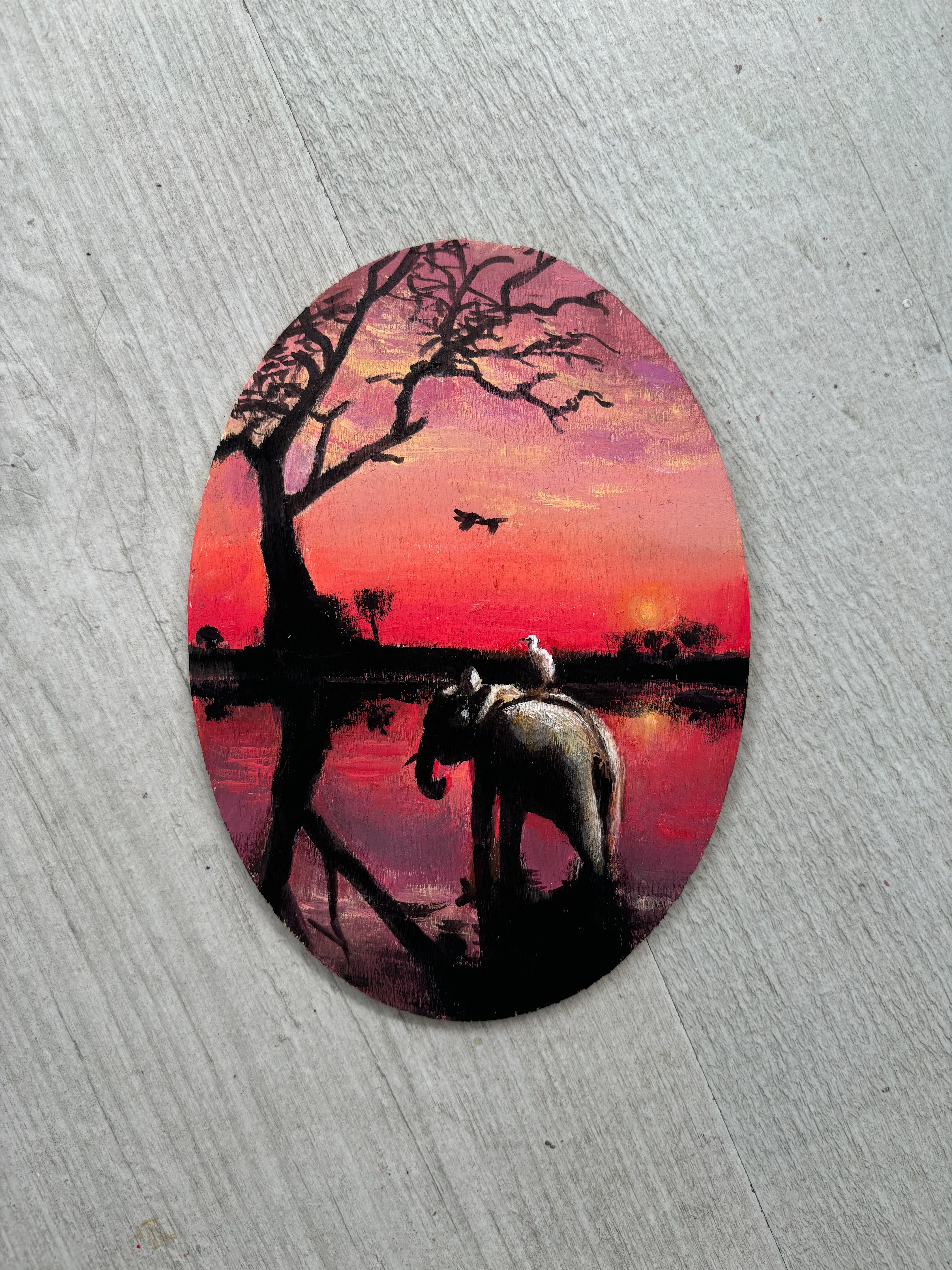 Elephant & Egret, A5, Wooden Surface, Acrylic